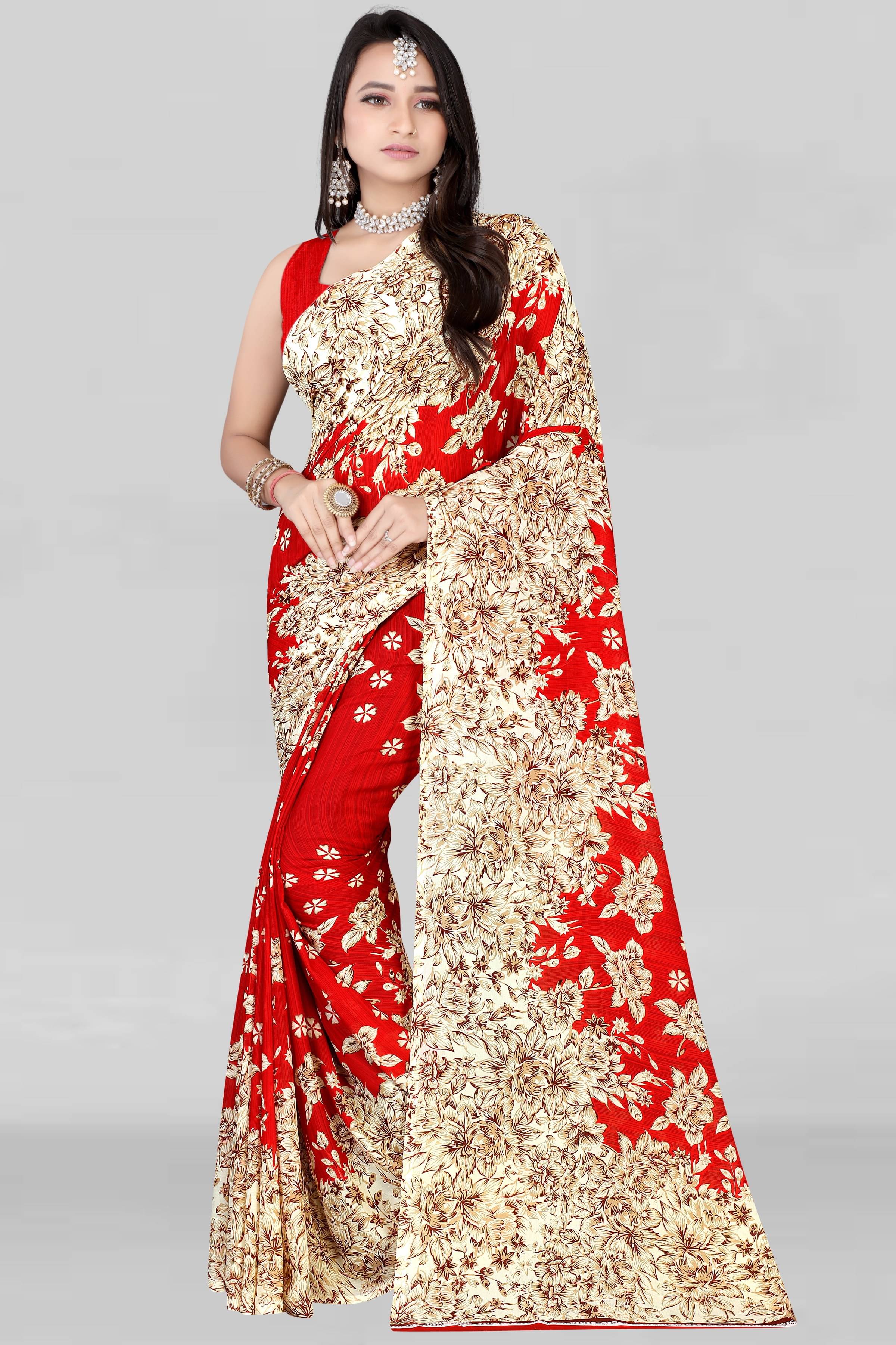 LEELAVATI Georgette Printed Saree With Unstitched Blouse Piece ( Red ) LEELAVATI Georgette Printed Saree With Unstitched Blouse Piece ( Red )