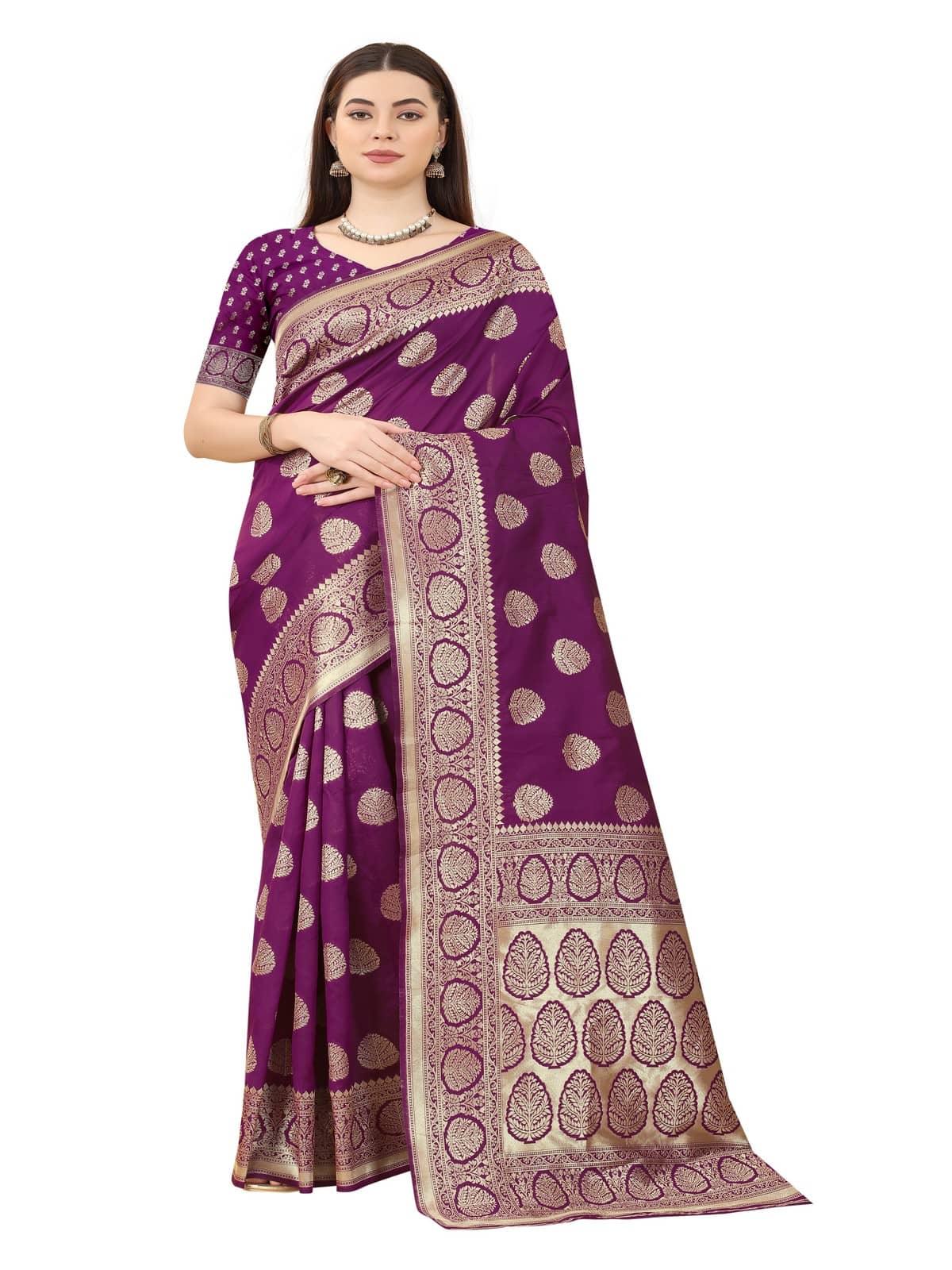 NENCY FASHION Banarasi Silk Embellished Saree With Unstitched Blouse Piece ( Rama ) - Sarees | Buy online on ZillyBuy