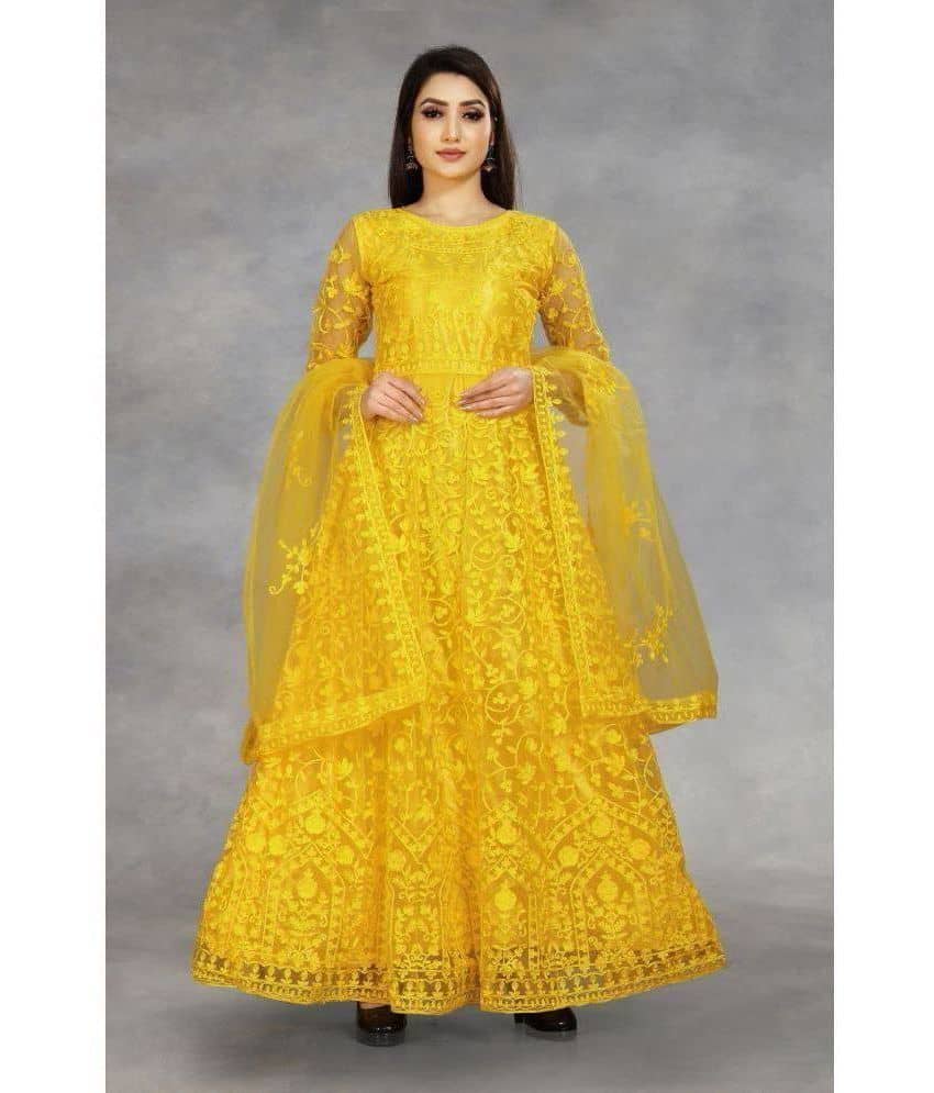 Aika - Yellow Anarkali Net Women's Stitched Ethnic Gown ( Pack of 1 ) - Unstitched Fabrics | Buy online on ZillyBuy