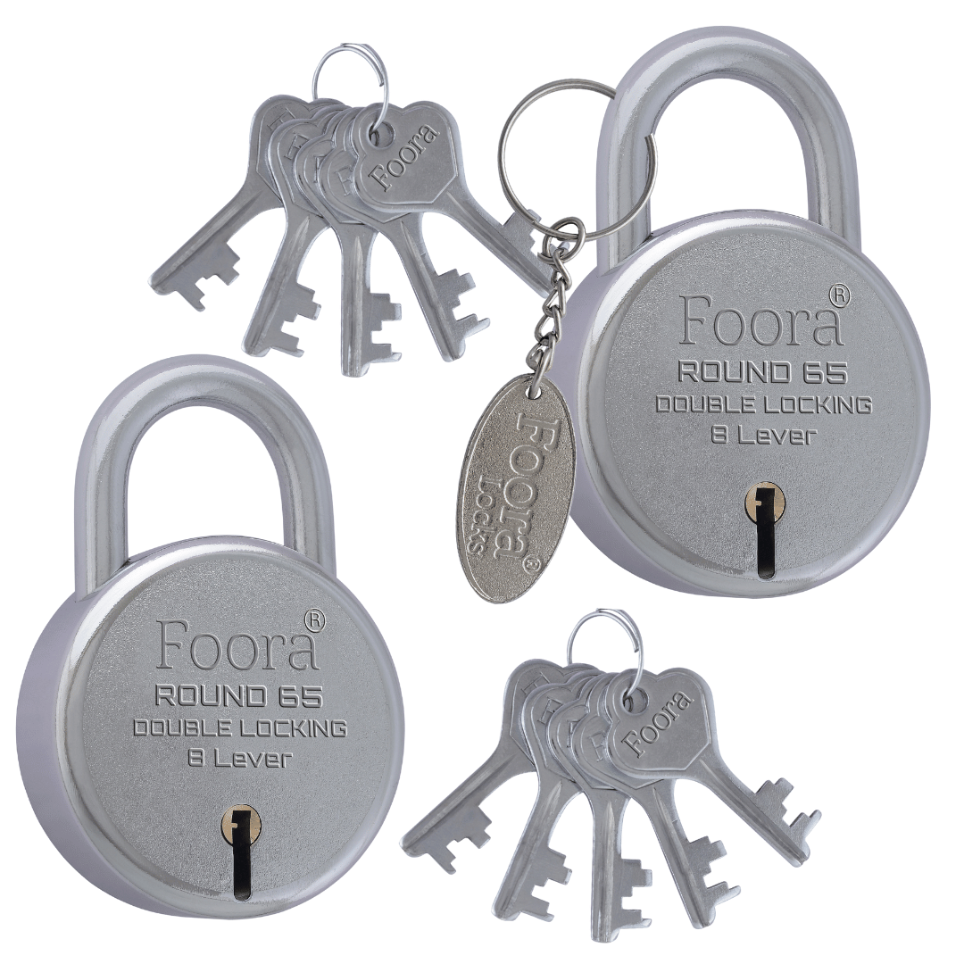     			Set of 2 Foora Round 65mm padlocks with 10 keys and 1 keychain, featuring heavy-duty metal body, rust-resistant finish, and smooth double locking for doors and gates.