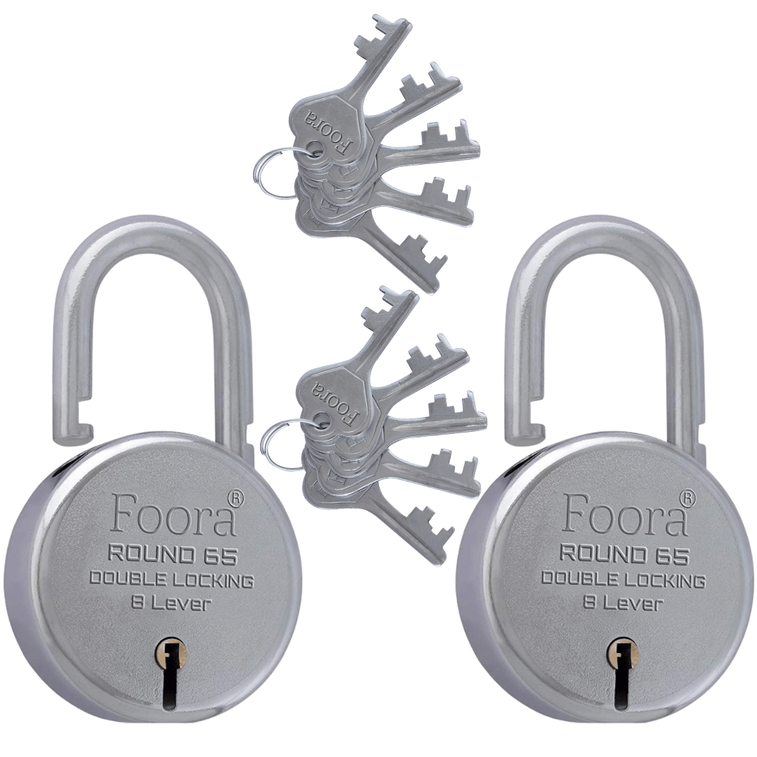 Foora 65mm Premium Door Lock Set - Pack of 2 Padlocks with 5 Keys | 8 Lever Double Locking Security for Home, Gate, Shop, Shutter - Silver Finish
