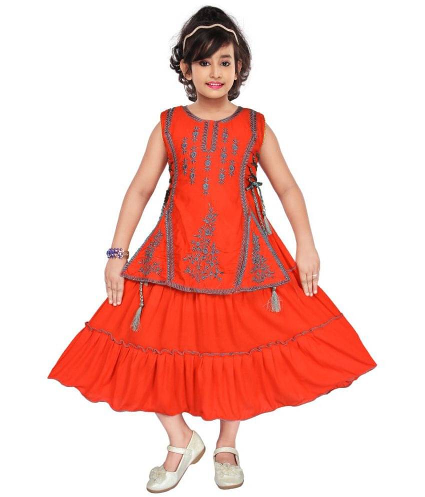 M.MONGELA DRESSES Cotton Blend Fit And Flare Dress For Girls ( Pack of 1 , Orange ) M.MONGELA DRESSES Cotton Blend Fit And Flare Dress For Girls ( Pack of 1 , Orange )