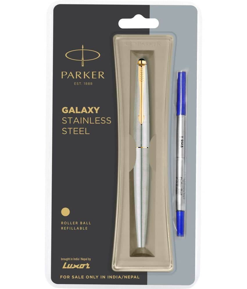 Parker Galaxy Stainless Steel Gold Trim Roller Ball Pen (Blue)