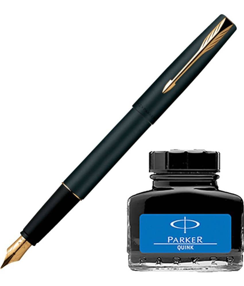 Parker Frontier Matte Black Gt Fountain Pen With Blue Quink Ink Bottle (Pack Of 2, Blue)