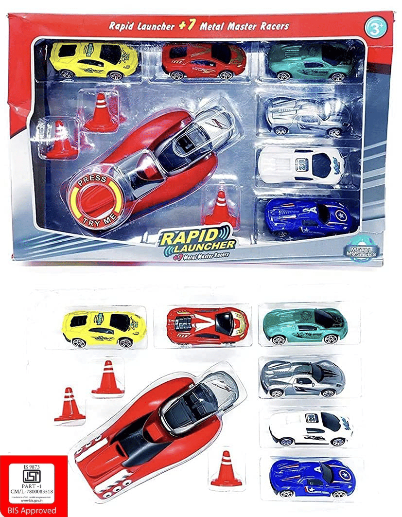     			VBE Rapid Launcher Play Set Toy with 7 Die Cast Metal Stunt Car and Master Racers Racing Sports Rapid Launcher with 3 Stoppers Best Toy Gift for Kids (Multi-Color)