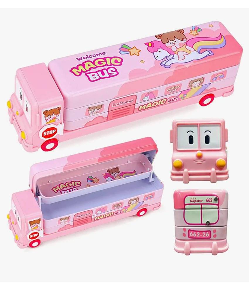 YESKART-Cartoon Printed School Bus Metal Pencil Box With Moving Tyres And Sharpener For Kids - YESKART-Cartoon Printed School Bus Metal Pencil Box With Moving Tyres And Sharpener For Kids -