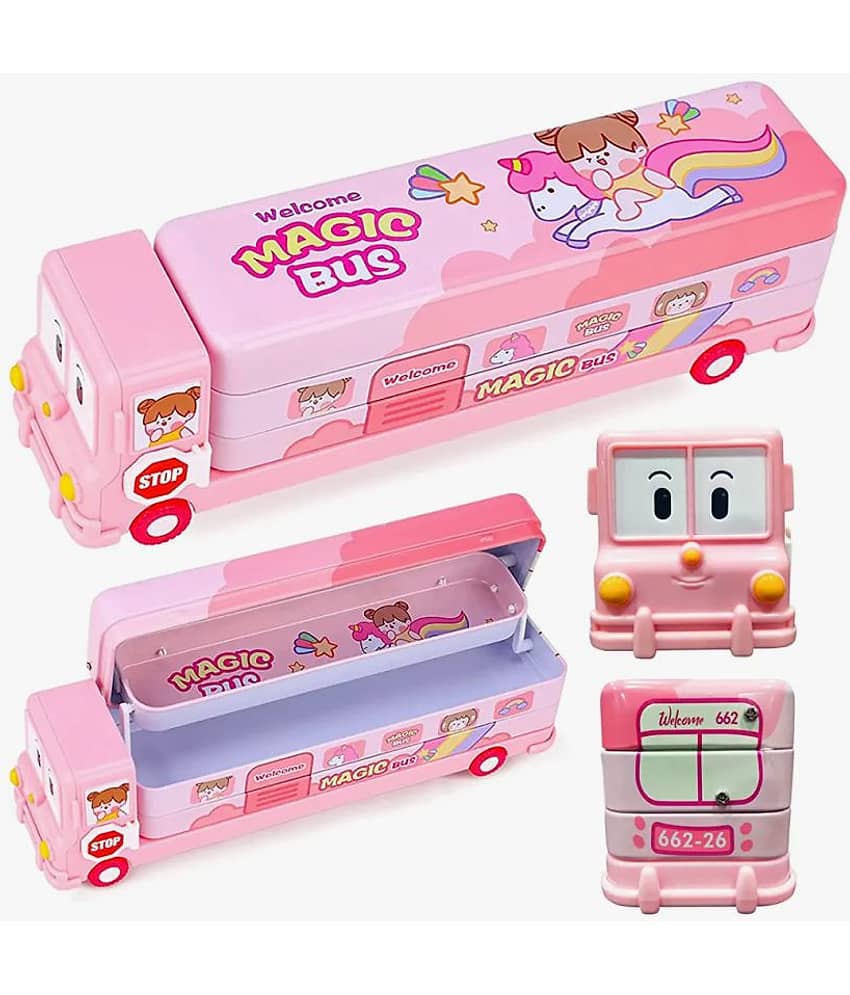 YESKART-Cartoon Printed School Bus Metal Pencil Box With Moving Tyres And Sharpener For Kids - - Stationery | Buy online on ZillyBuy