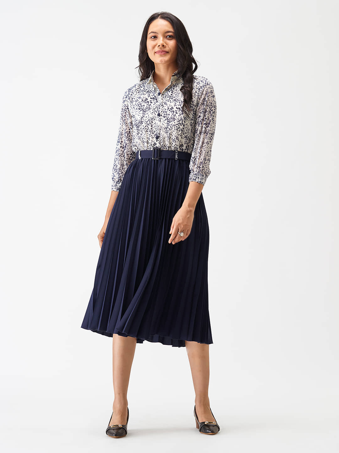 aask Women Polyester Colorblock Fit & Flare Dress ( Navy )