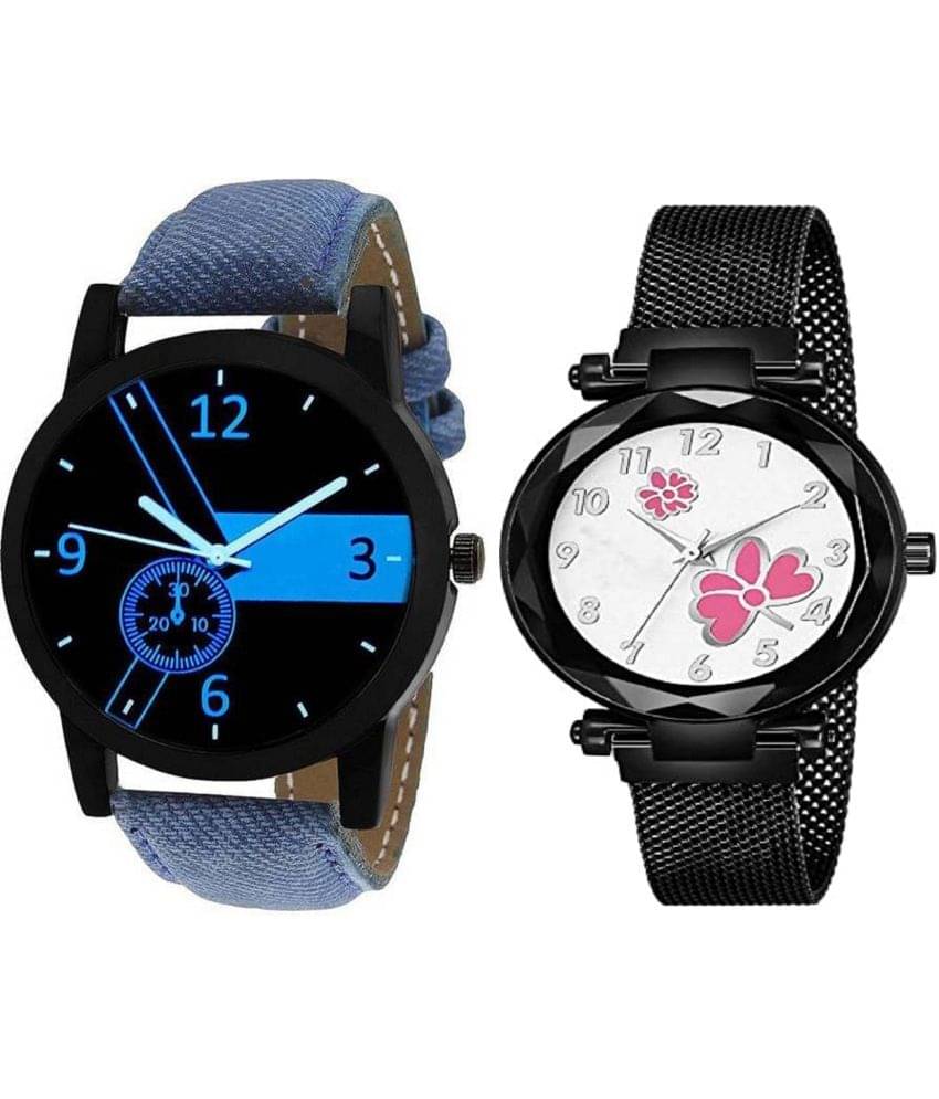     			newmen - Blue Leather Analog Couple's Watch