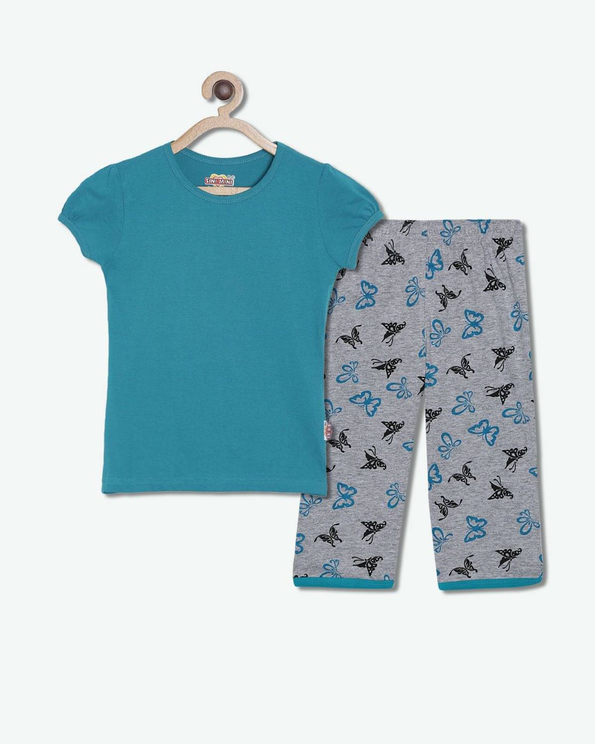     			Sini Mini Pack of 1 Girls Cotton Top With Capris ( Teal )