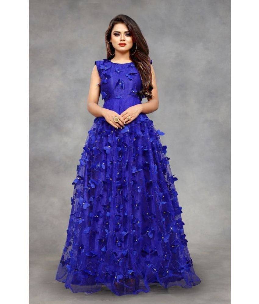 Apnisha Women Net Applique Ethnic Dress ( Blue ) Apnisha Women Net Applique Ethnic Dress ( Blue )