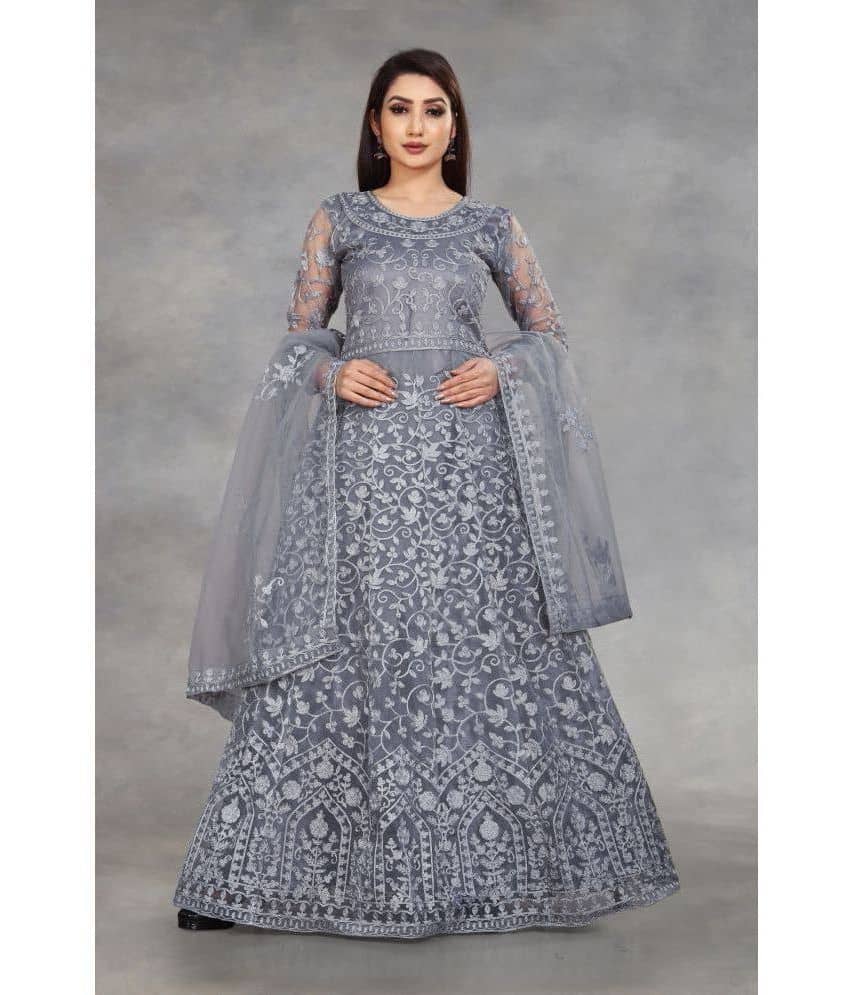 Apnisha - Grey A-line Net Women's Stitched Ethnic Gown ( Pack of 1 ) - Unstitched Fabrics | Buy online on ZillyBuy