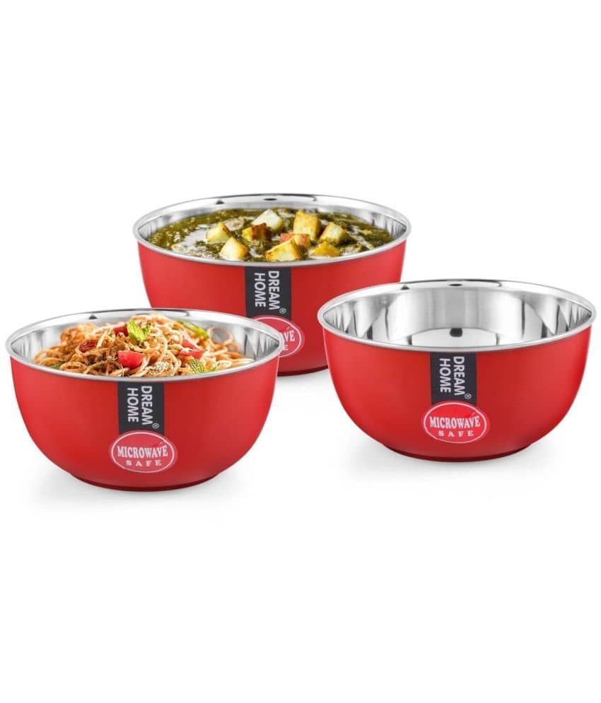 Dream Home Star Bowl Microwavesafe Stainless Steel Plain Serving Bowl 13 cm ( Set of 3 ) Red