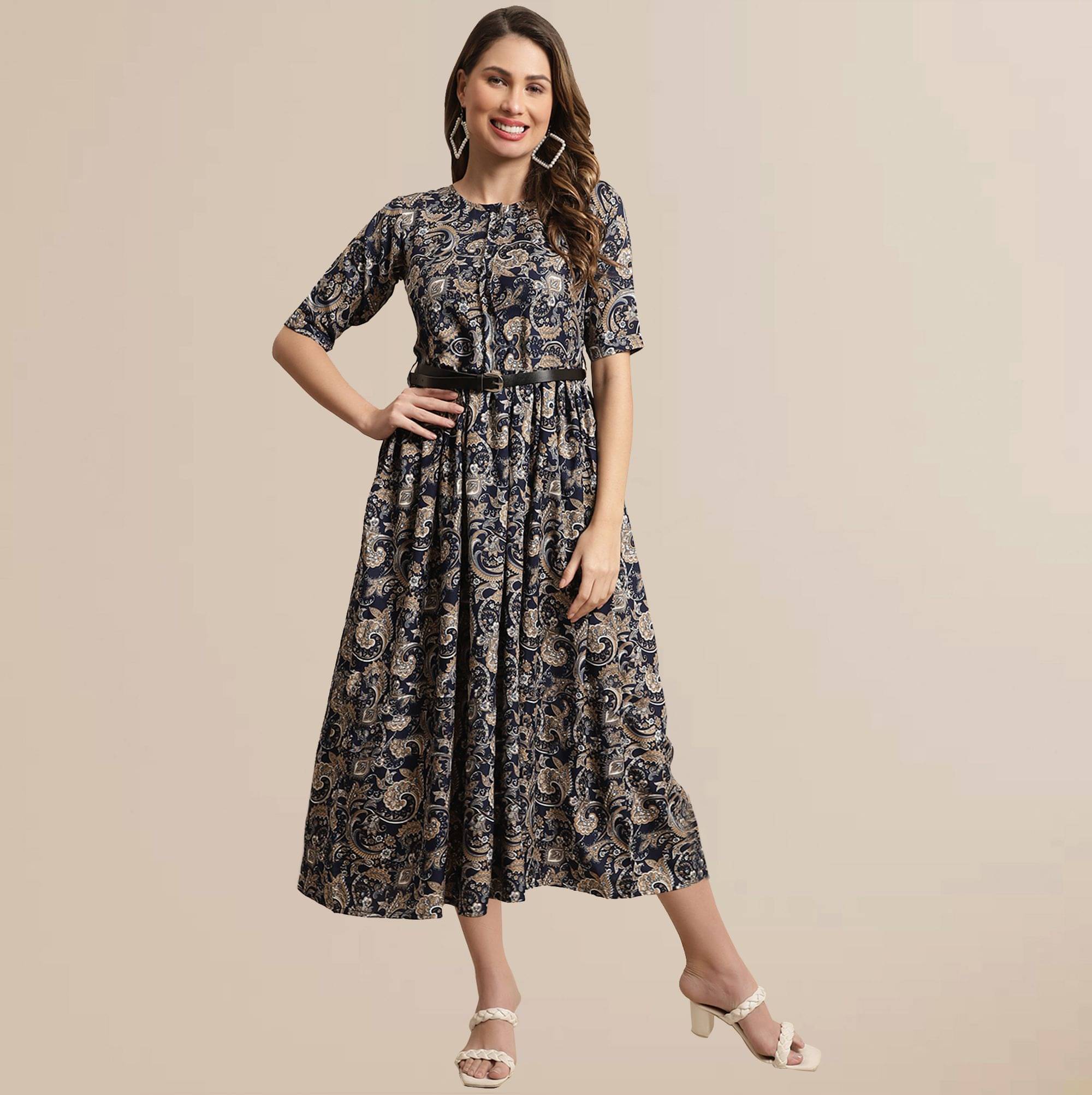 Fabflee Women Rayon Printed Fit & Flare Dress ( Blue )     			Fabflee Women Rayon Printed Fit & Flare Dress ( Blue )