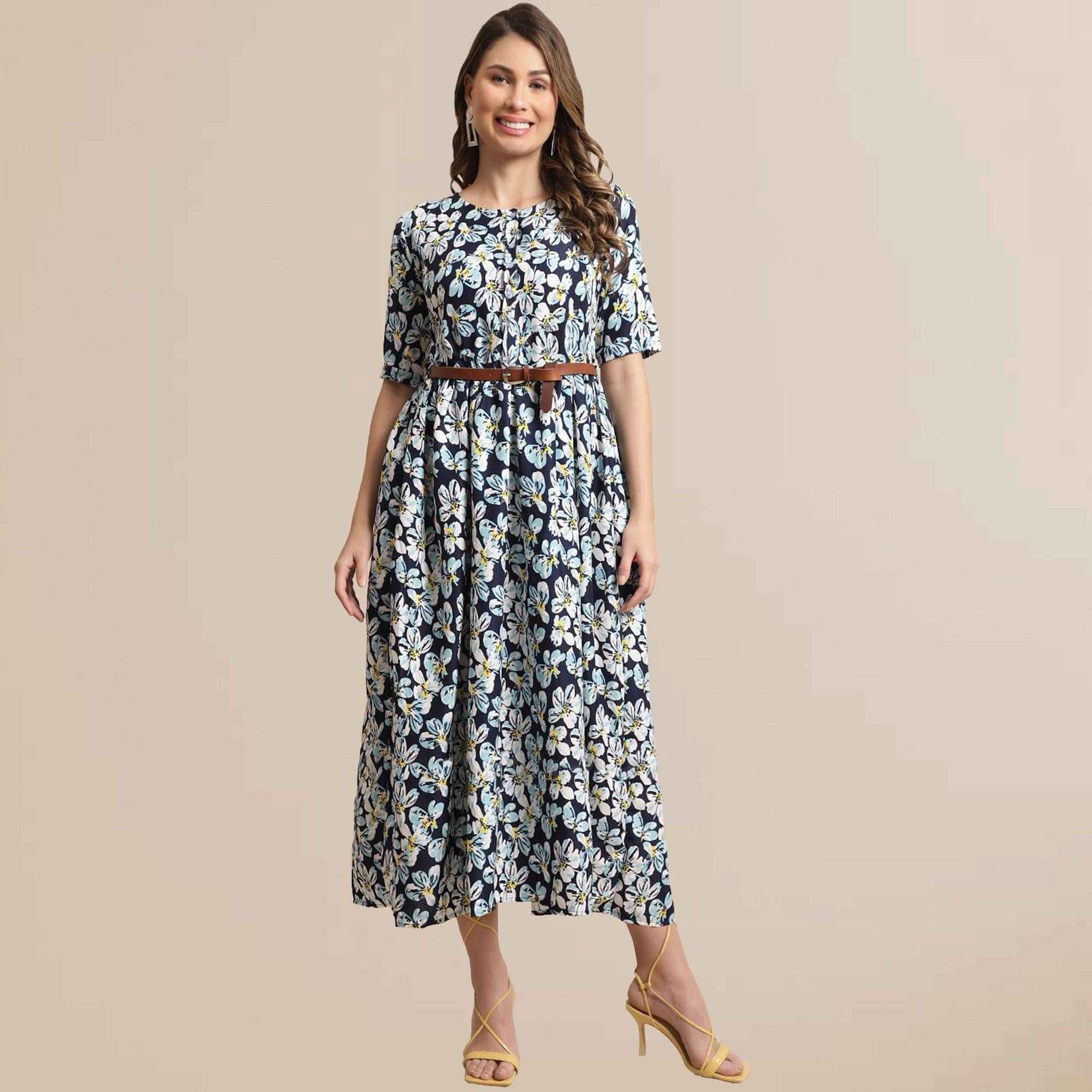 Fabflee Women Rayon Printed Fit & Flare Dress ( Blue ) Fabflee Women Rayon Printed Fit & Flare Dress ( Blue )
