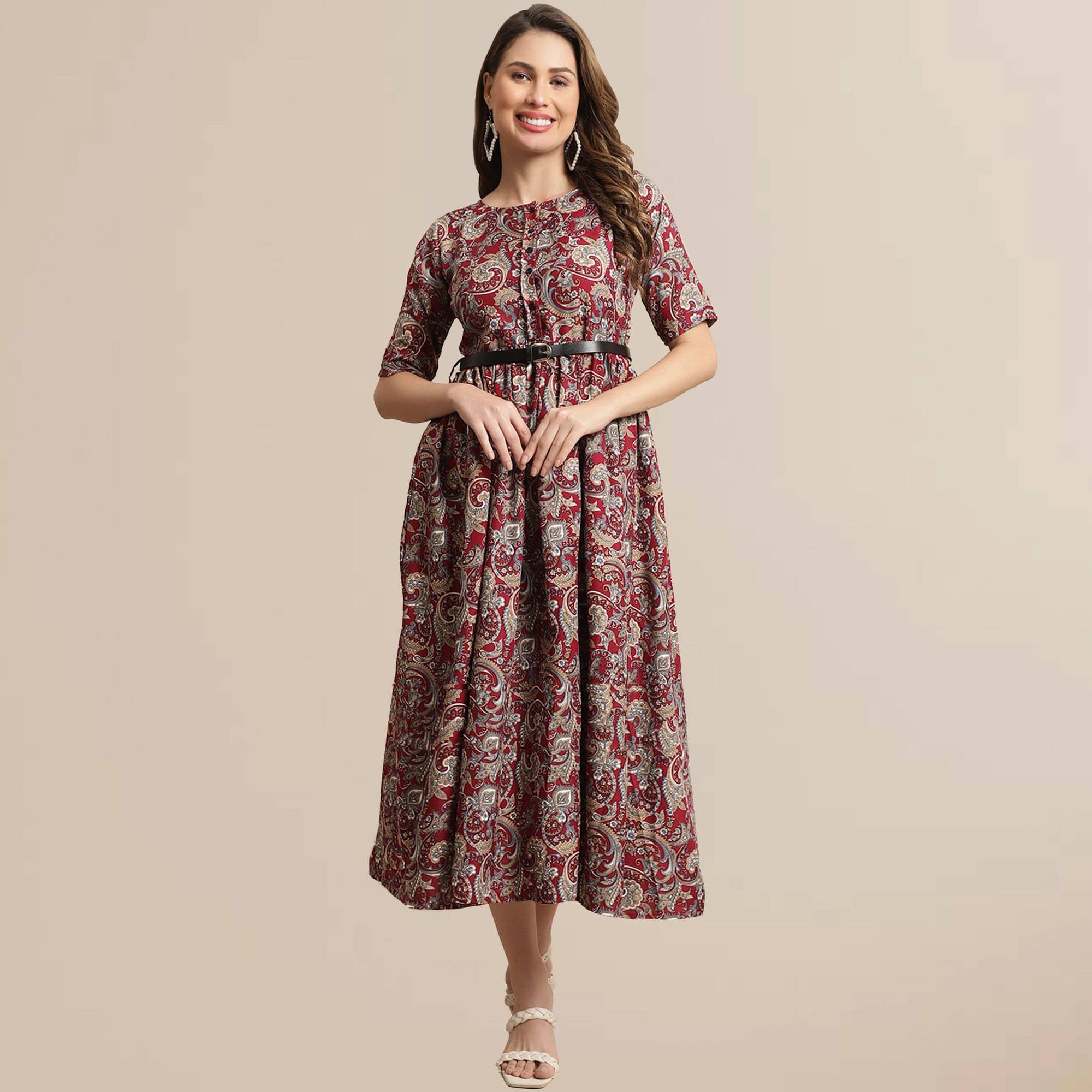 Fabflee - Red Rayon Women's Fit & Flare Dress ( Pack of 1 ) Fabflee - Red Rayon Women's Fit & Flare Dress ( Pack of 1 )