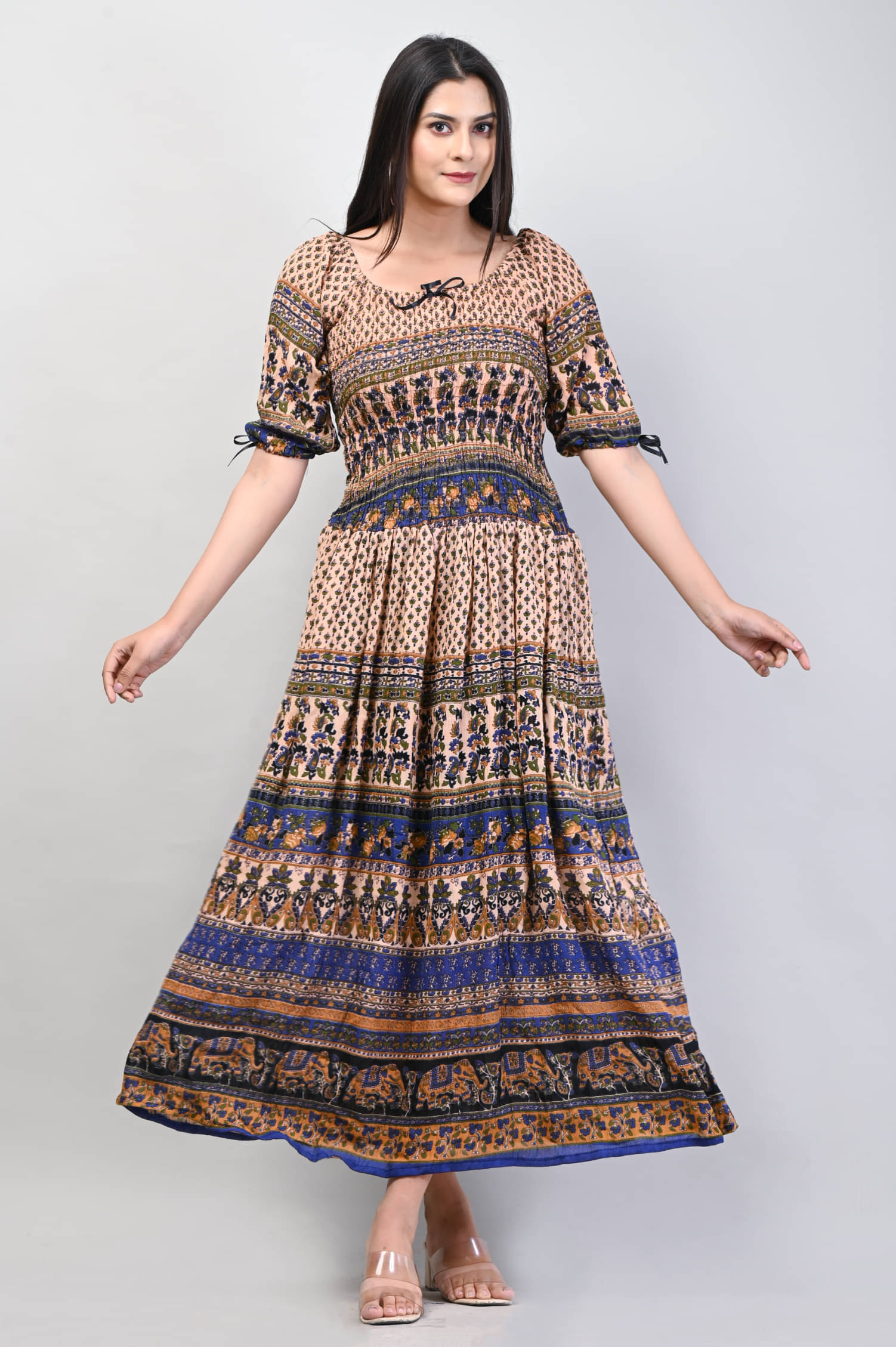     			Frionkandy Women Rayon Printed Gown ( Beige )