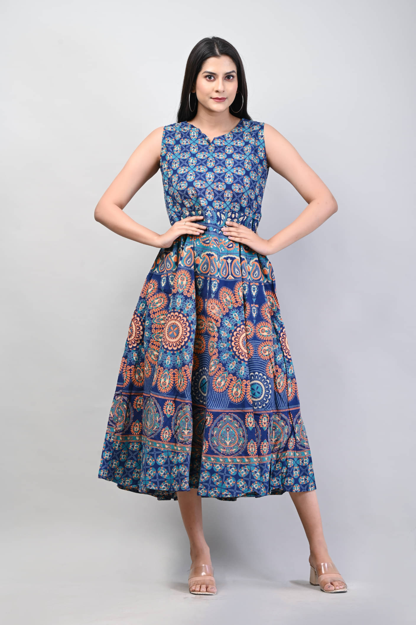     			Frionkandy Women Cotton Printed Ethnic Dress ( Blue )
