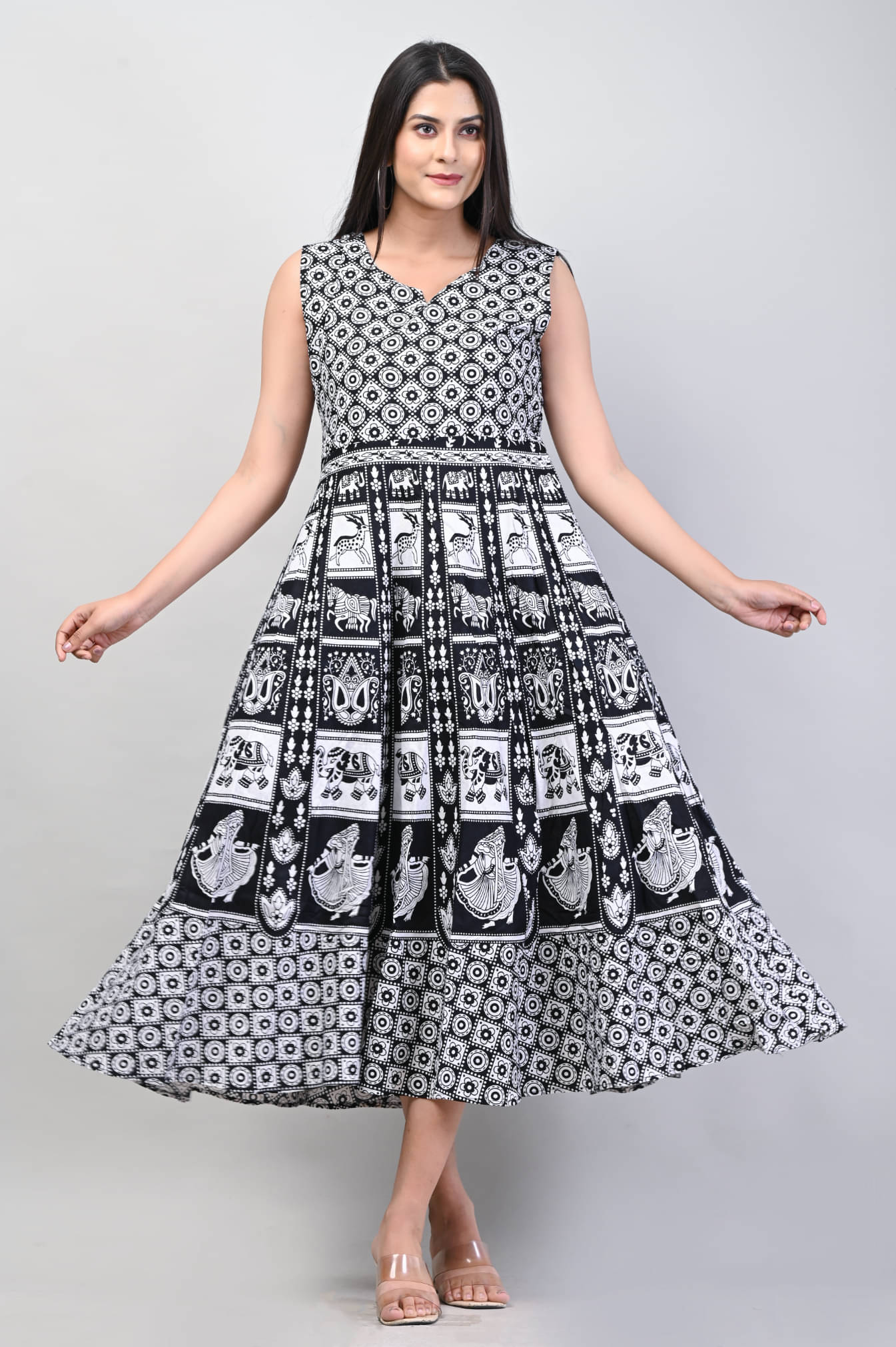 Frionkandy Women Cotton Printed Fit & Flare Dress ( Multicolor )     			Frionkandy Women Cotton Printed Fit & Flare Dress ( Multicolor )