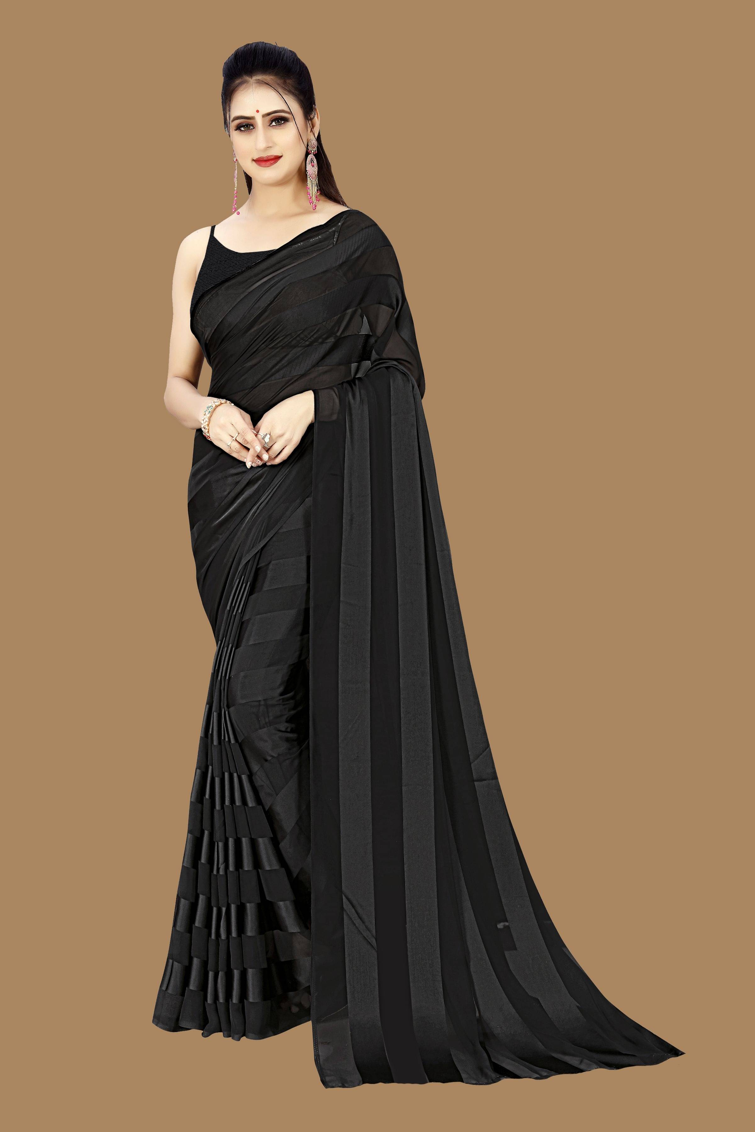 ANAND SAREES Satin Striped Saree Without Blouse Piece ( Black ) ANAND SAREES Satin Striped Saree Without Blouse Piece ( Black )