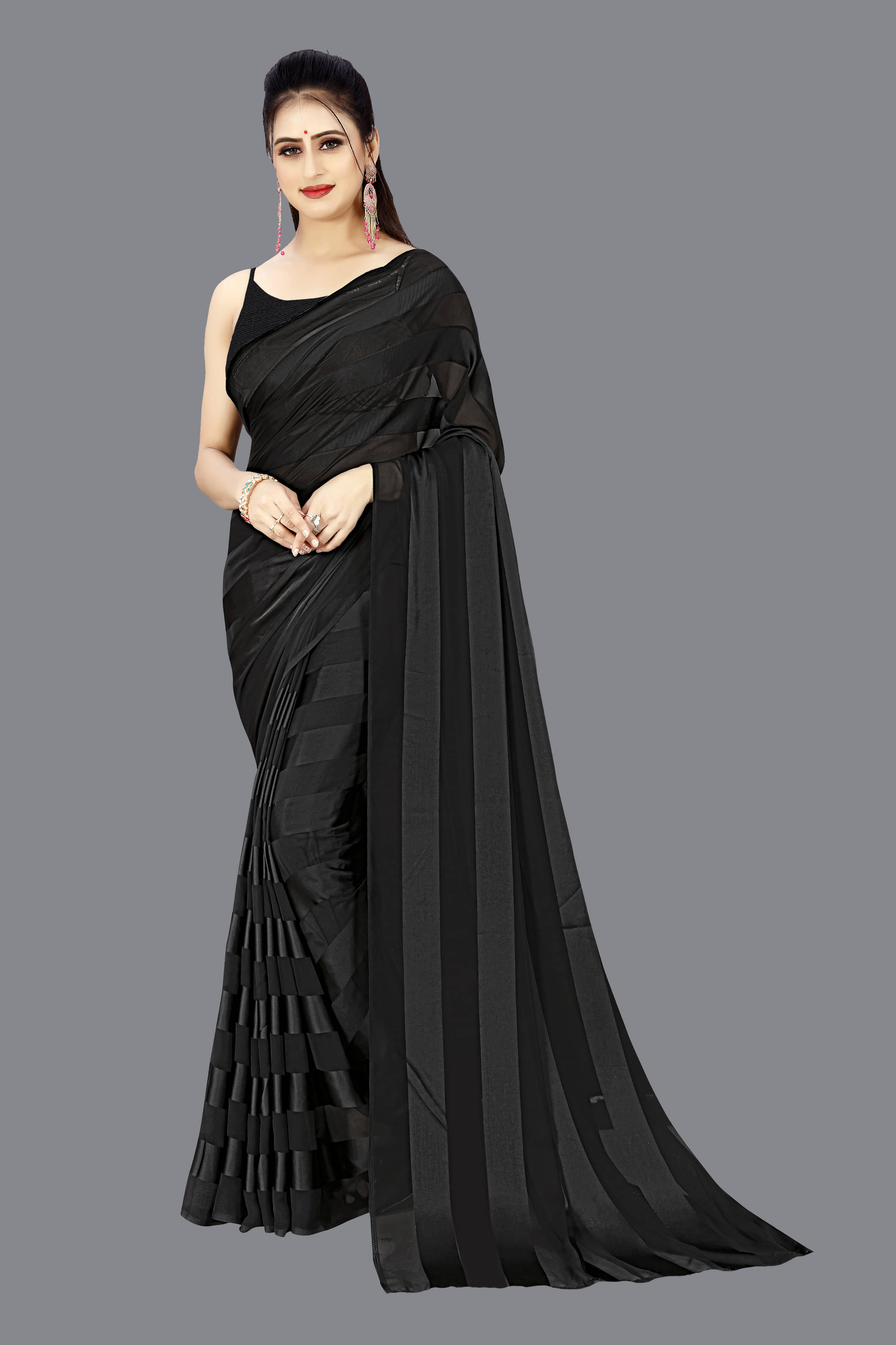 ANAND SAREES Satin Striped Saree With Unstitched Blouse Piece ( Black ) ANAND SAREES Satin Striped Saree With Unstitched Blouse Piece ( Black )