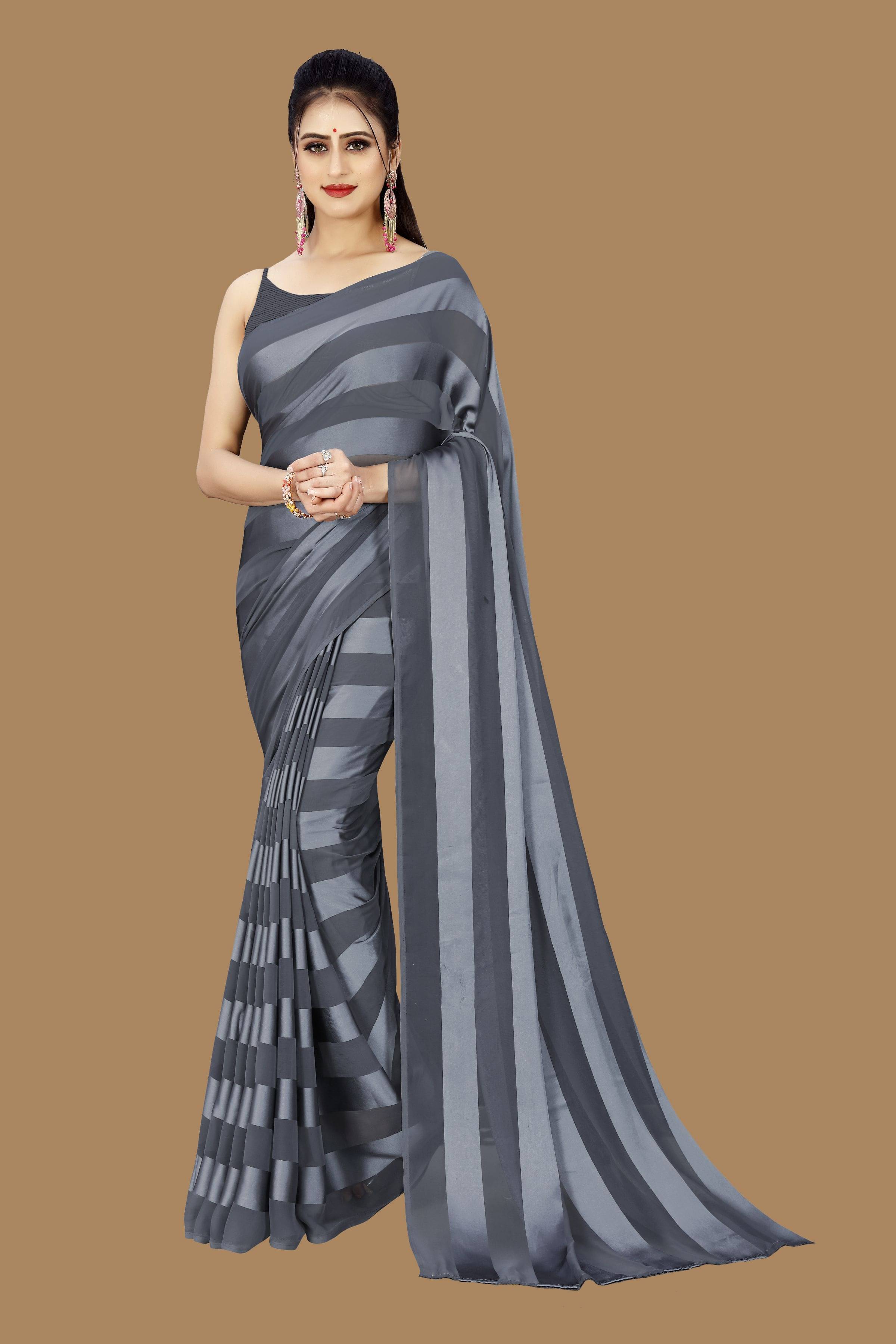     			ANAND SAREES Satin Striped Saree With Unstitched Blouse Piece ( Grey )
