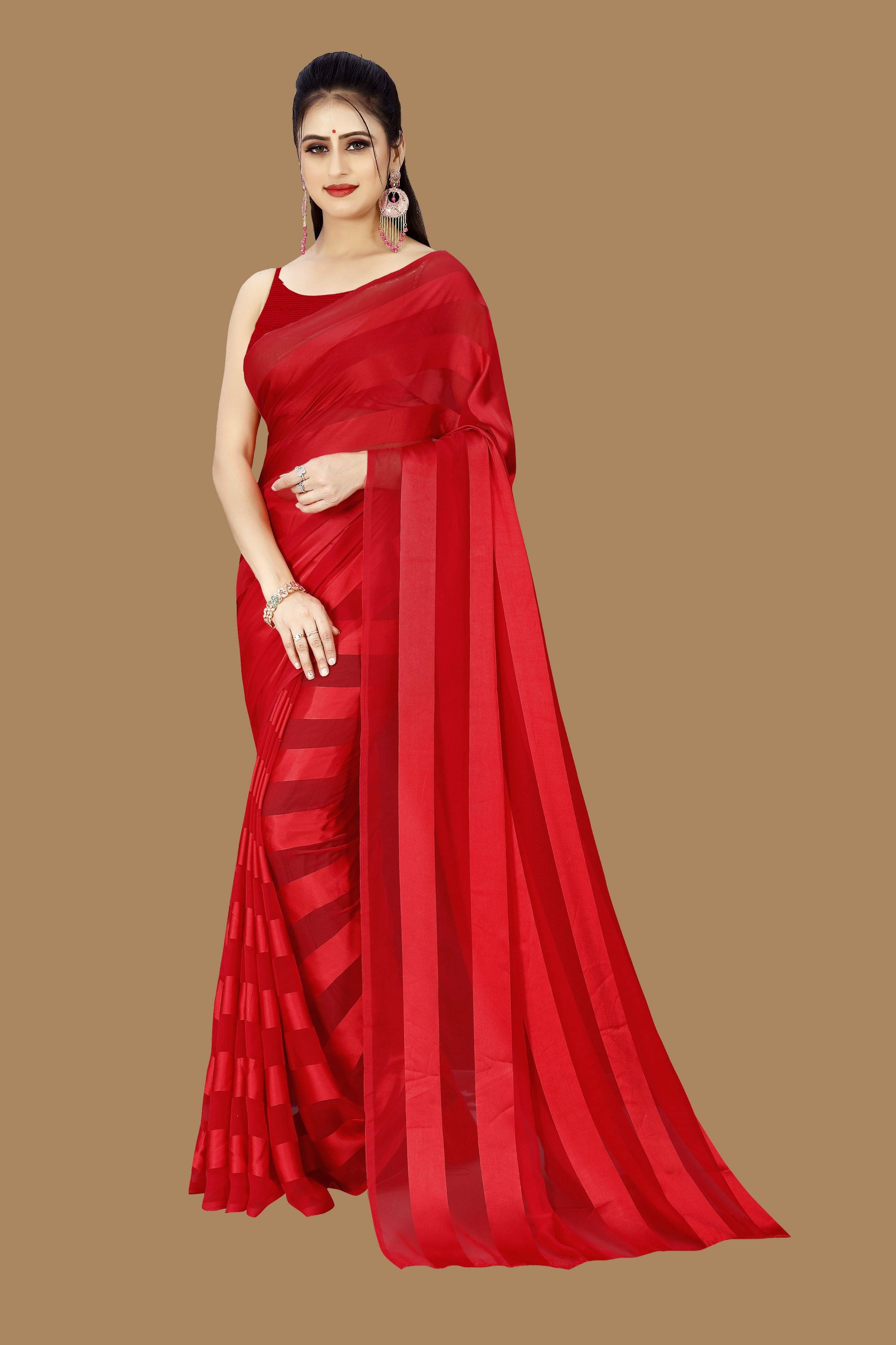 ANAND SAREES Satin Striped Saree Without Blouse Piece ( Red ) ANAND SAREES Satin Striped Saree Without Blouse Piece ( Red )