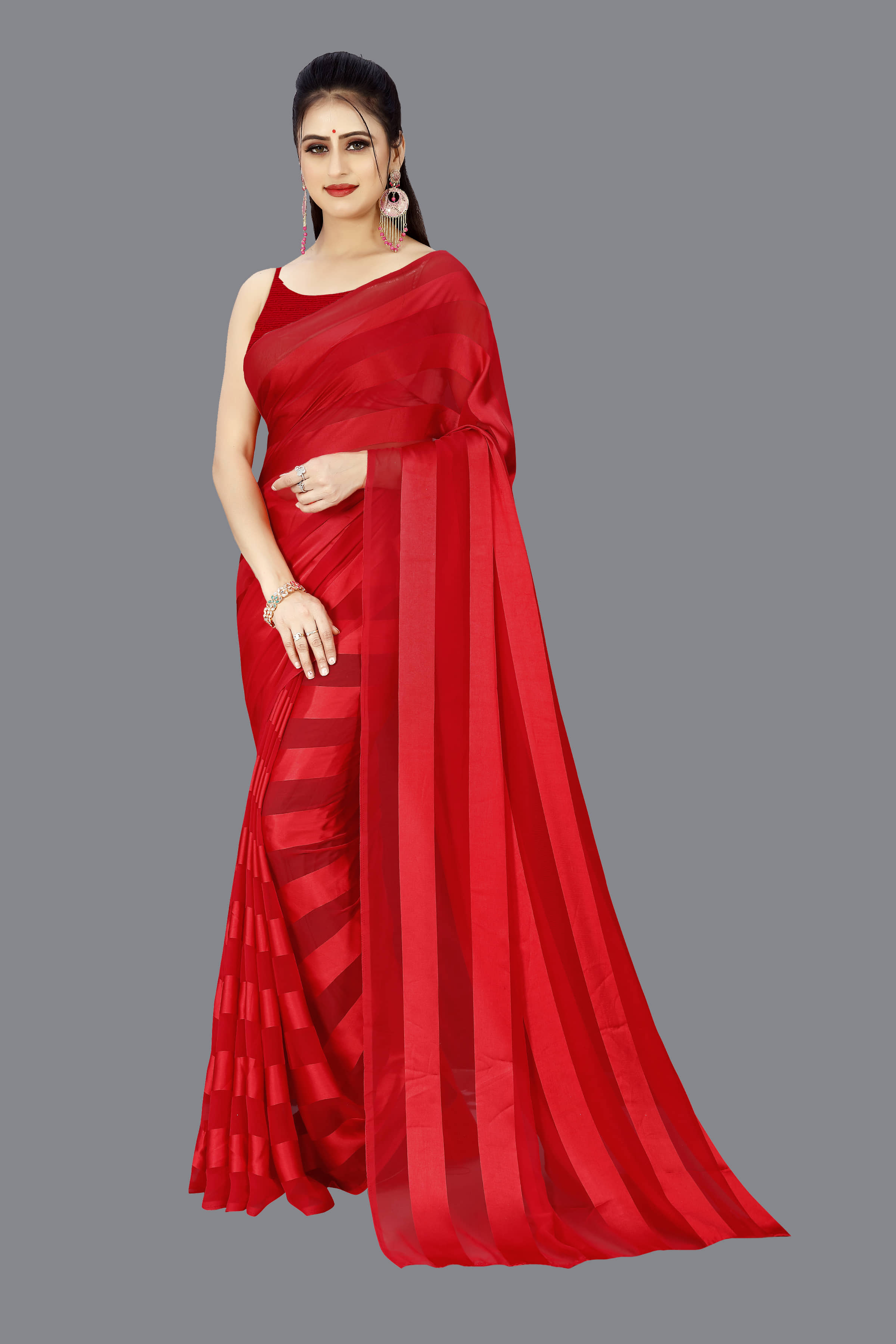 ANAND SAREES Satin Striped Saree With Unstitched Blouse Piece ( Red ) - Sarees | Buy online on ZillyBuy