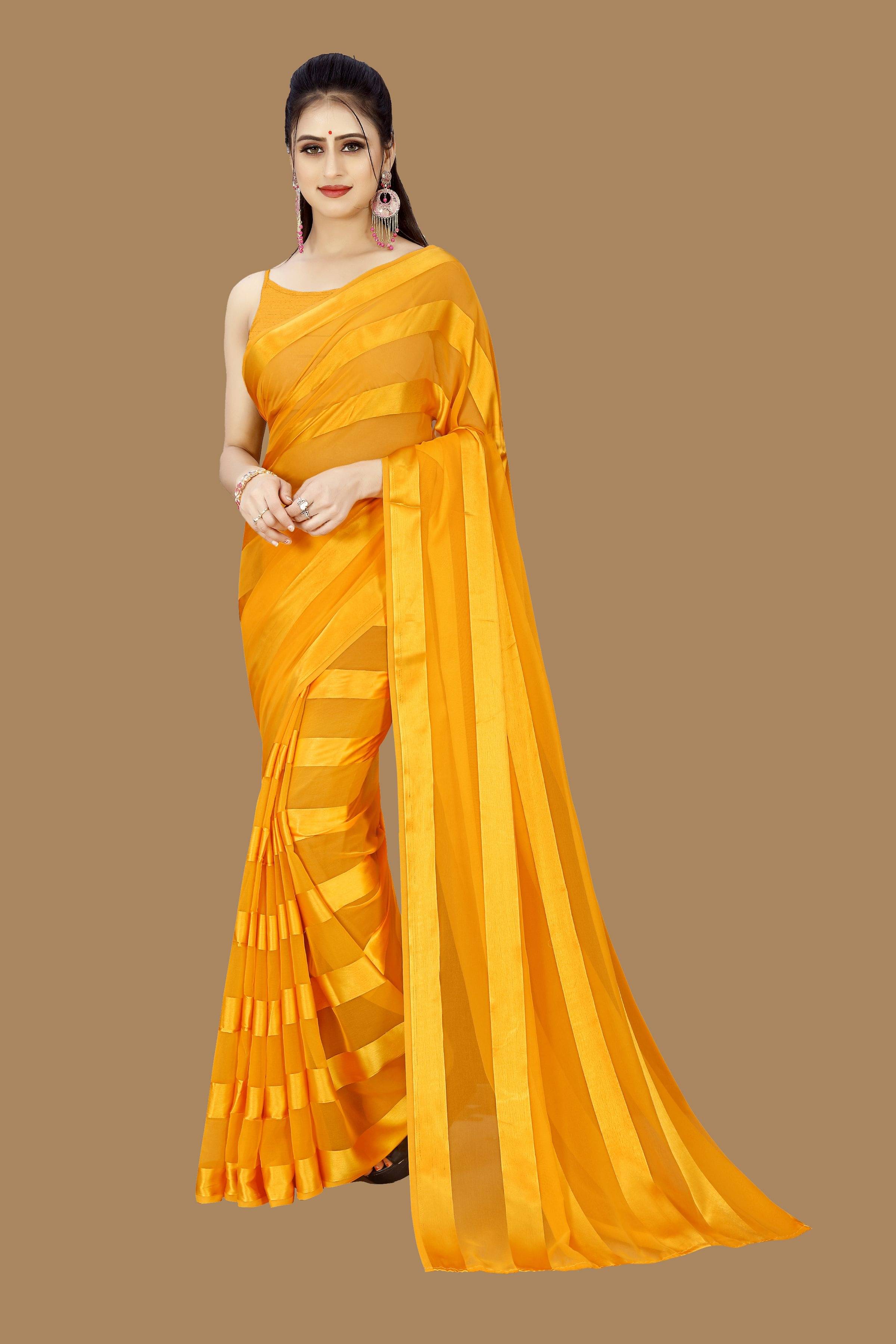 ANAND SAREES Satin Striped Saree Without Blouse Piece ( Yellow ) ANAND SAREES Satin Striped Saree Without Blouse Piece ( Yellow )