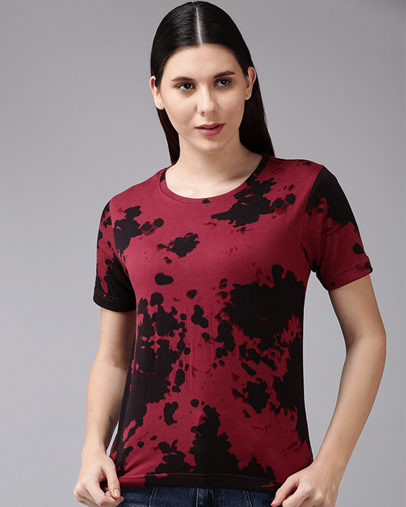 JUNEBERRY Women Cotton Blend Printed Regular Fit Round Neck T-Shirt ( Maroon )