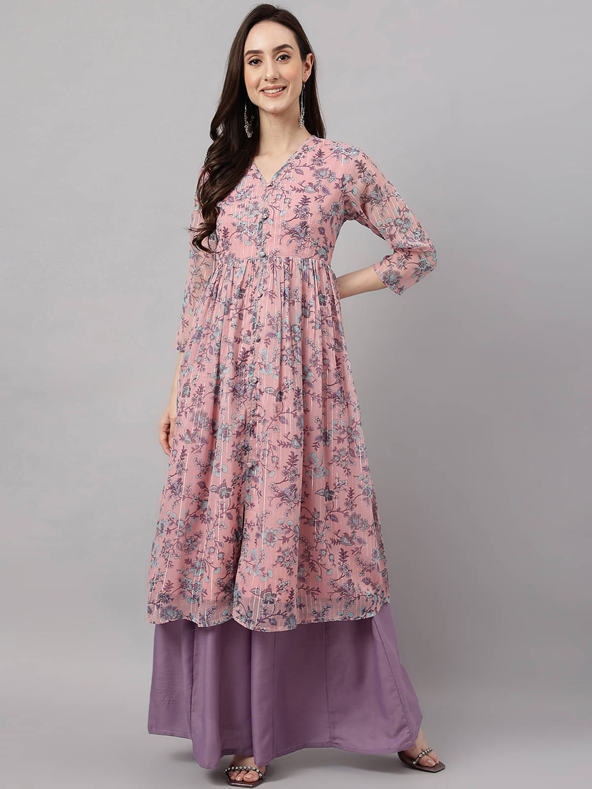     			Janasya - Pink Chiffon Women's Flared Kurti ( Pack of 1 )