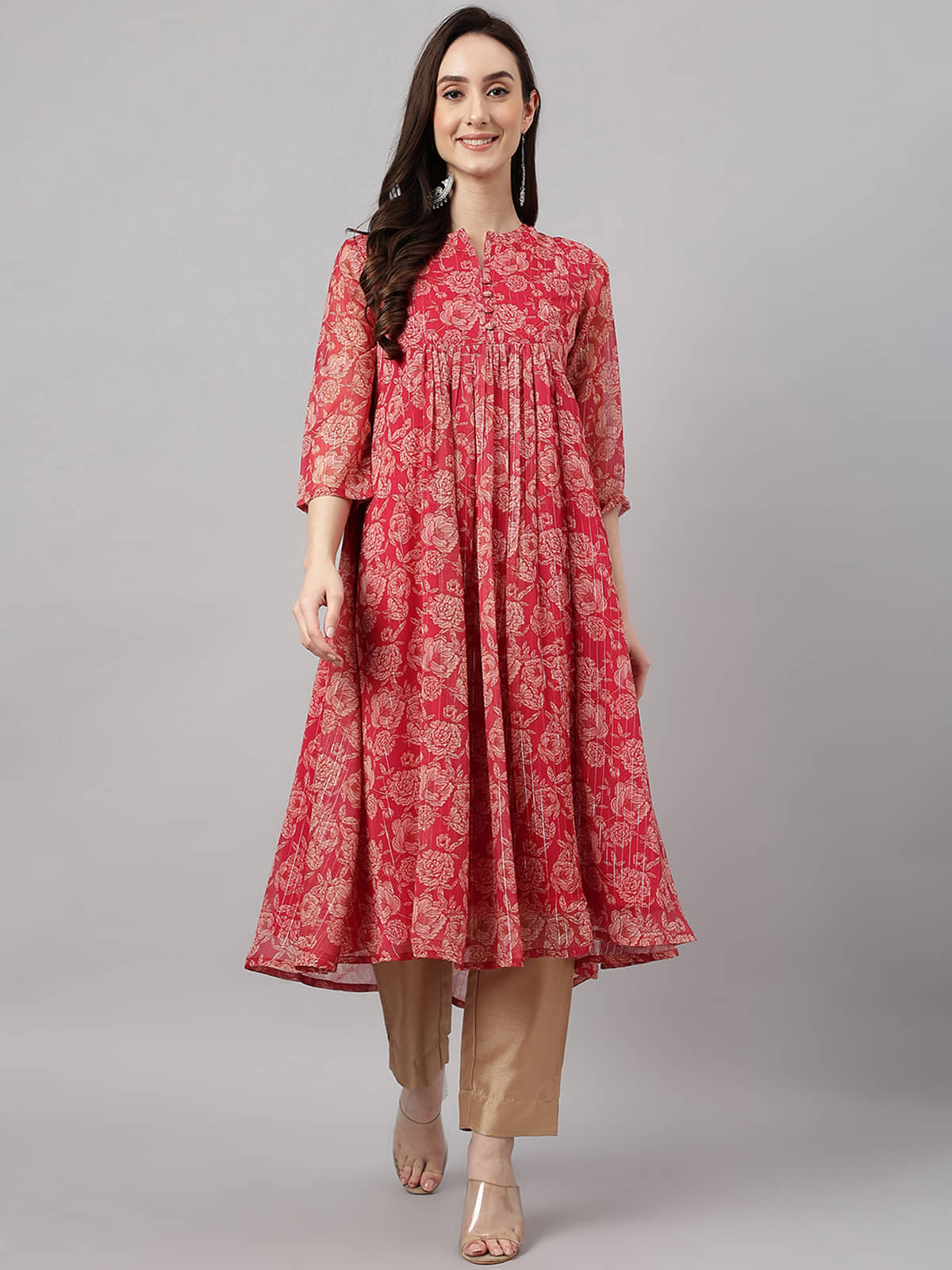 Janasya - Pink Chiffon Women's flared Kurti ( Pack of 1 ) - Kurtis, Tunics | Buy online on ZillyBuy