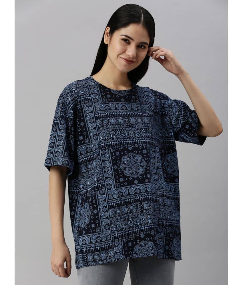 Veirdo Women Cotton Printed Oversized Fit Round Neck T-Shirt ( Black )