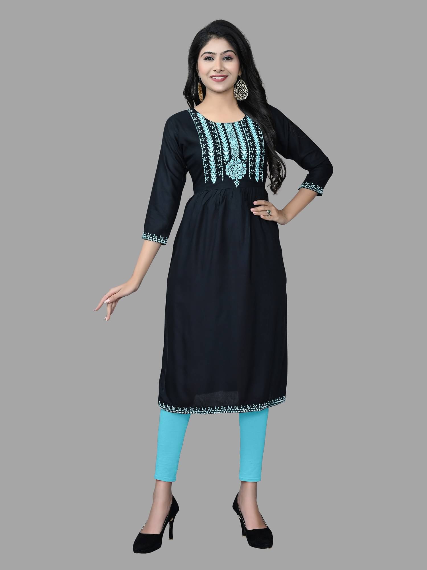 HAYA - Black Rayon Women's A-line Kurti ( Pack of 1 ) HAYA - Black Rayon Women's A-line Kurti ( Pack of 1 )