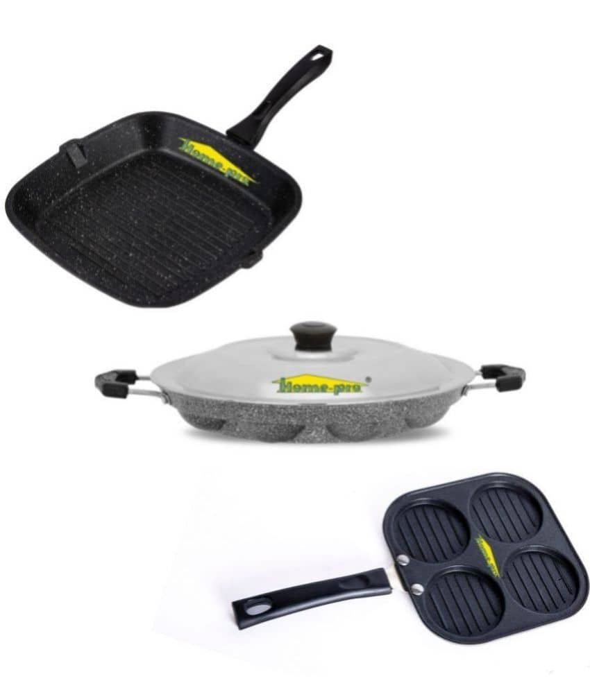 HomePro Non-Stick Set,Grill Pan 26 cm, Mini Uttapam 20 cm, Silver Appam with Steel Lid 12 Cavity (Pack of 3) - Cookware | Buy online on ZillyBuy