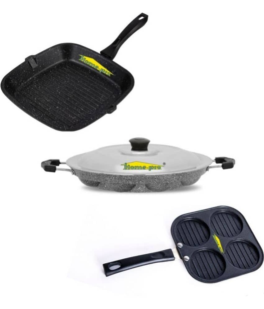 HomePro Non-Stick Set,Grill Pan 26 cm, Mini Uttapam 20 cm, Silver Appam with Steel Lid 12 Cavity (Pack of 3) - Cookware | Buy online on ZillyBuy