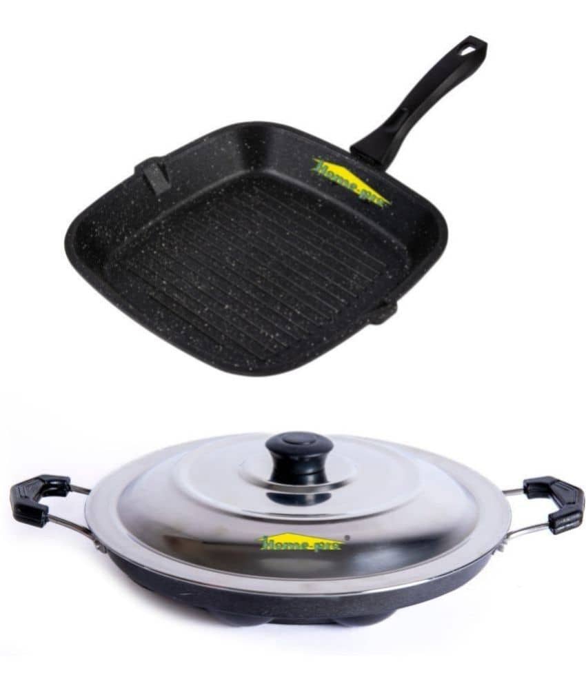 HomePro Non-Stick Set, Grill Pan 26 cm, Black Appam Patra with Steel Lid 12 Cavity (Pack of 2) - Cookware | Buy online on ZillyBuy