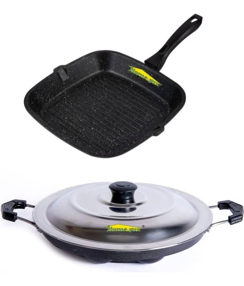 HomePro Non-Stick Set, Grill Pan 26 cm, Black Appam Patra with Steel Lid 12 Cavity (Pack of 2) - Cookware | Buy online on ZillyBuy