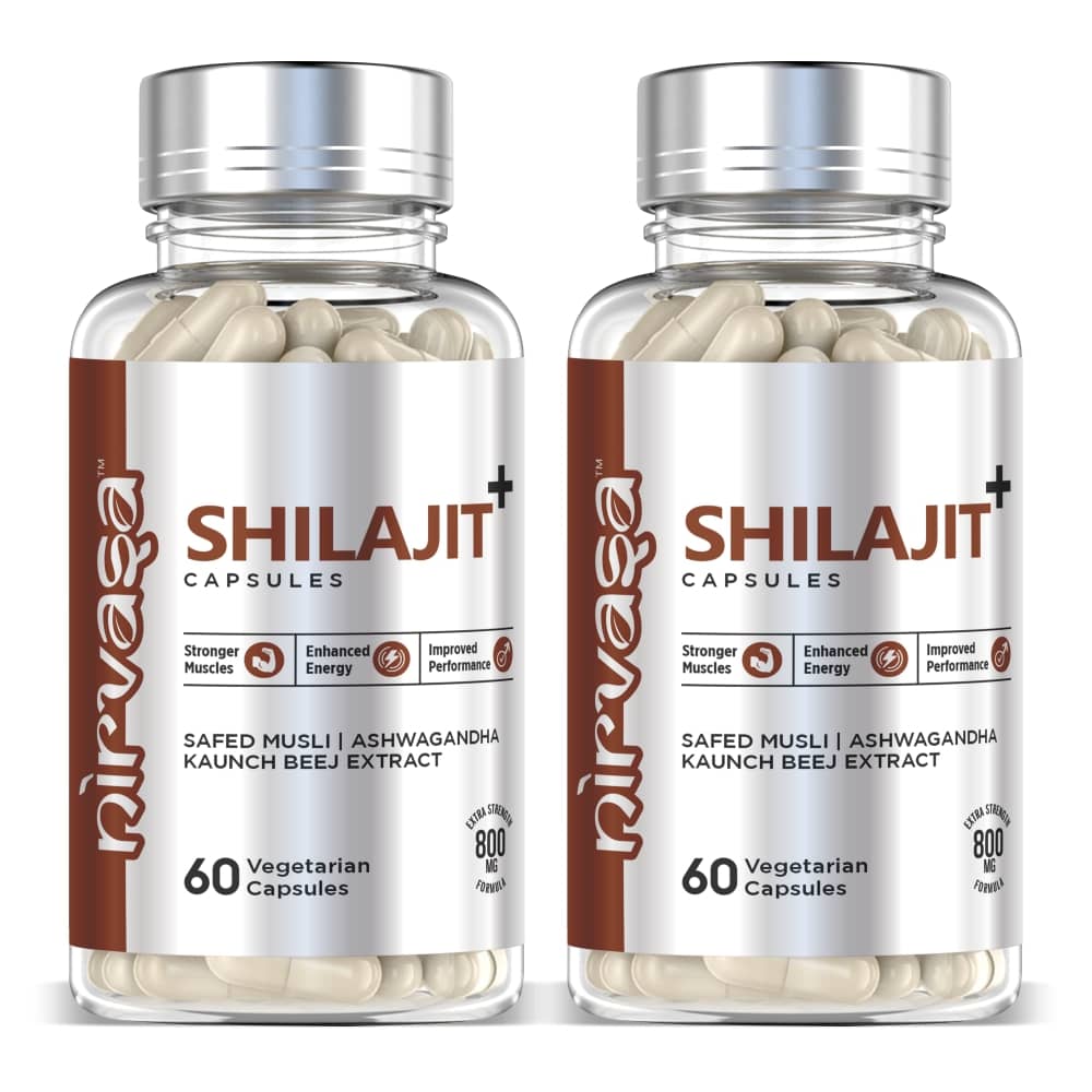 Nirvasa Pure Shilajit for Vigour & Vitality, enriched with Shilajit, Safed Mulsi, Aswagandha and Kaunch Beej Extract (2 X 60 Cap)