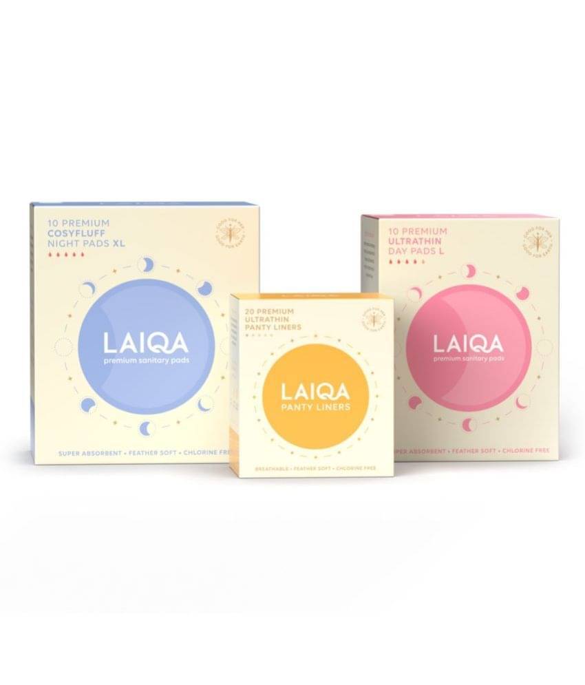 Laiqa Ultra Soft Day & Night Sanitary Pads for Women - 10 HF + 10 MF + 24 Pantyliners | 100% biodegradable disposal bags Laiqa Ultra Soft Day & Night Sanitary Pads for Women - 10 HF + 10 MF + 24 Pantyliners | 100% biodegradable disposal bags