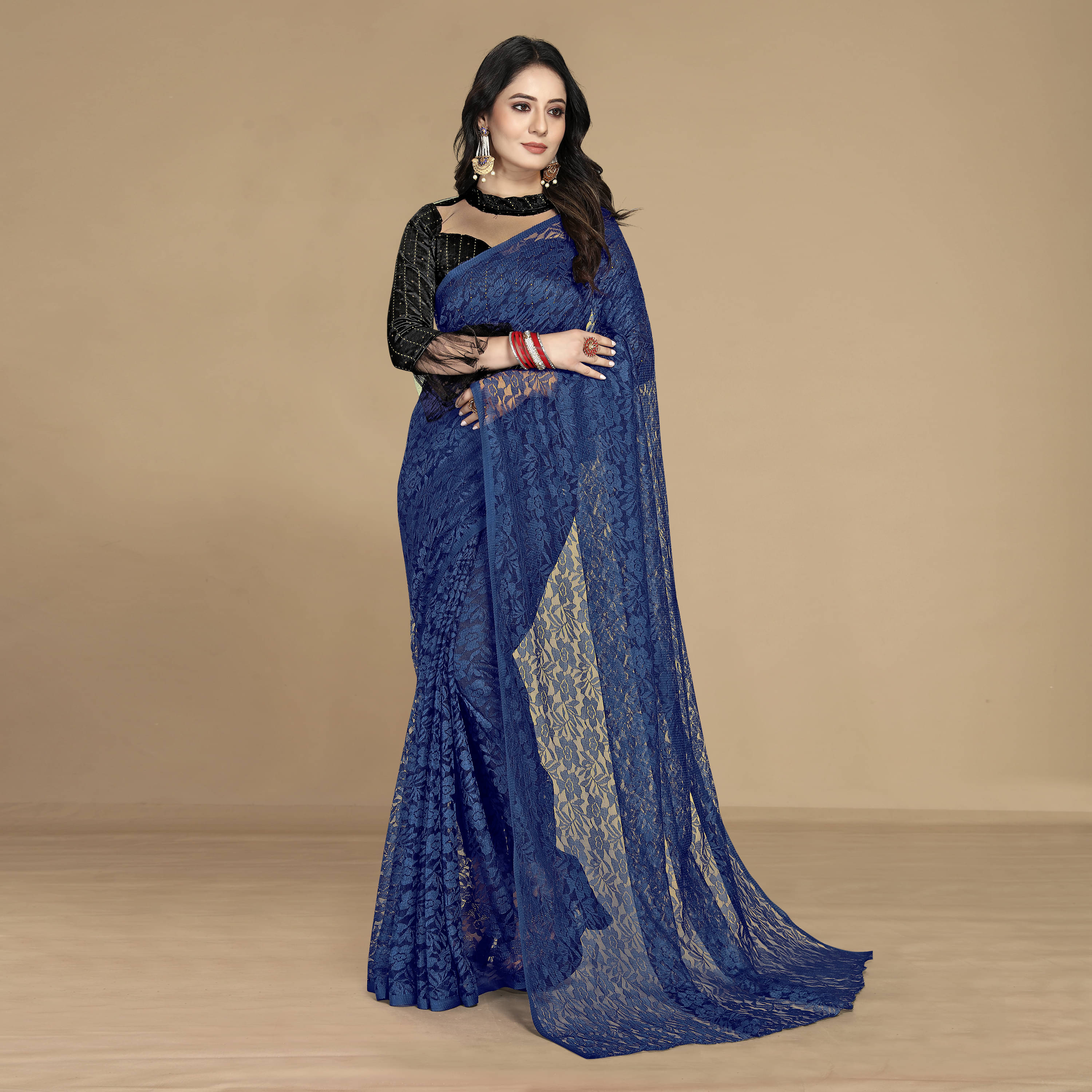 Rekha Maniyar Net Self Design Saree With Unstitched Blouse Piece ( Navy Blue ) Rekha Maniyar Net Self Design Saree With Unstitched Blouse Piece ( Navy Blue )