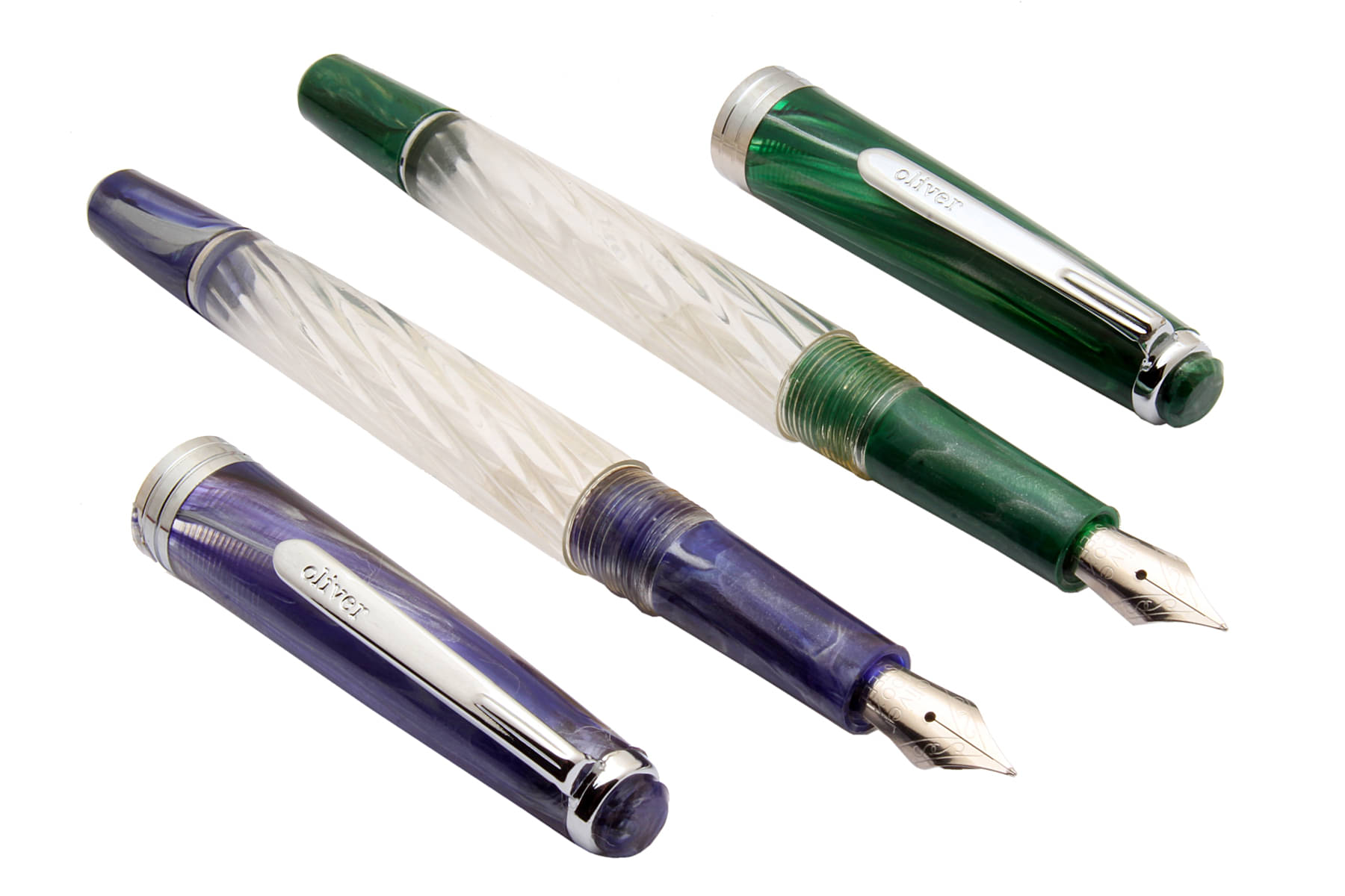     			Srpc Set Of 2 Oliver Ocean Demonstrator Eyedropper Fountain Pens Chrome Trims Marble Design Cap