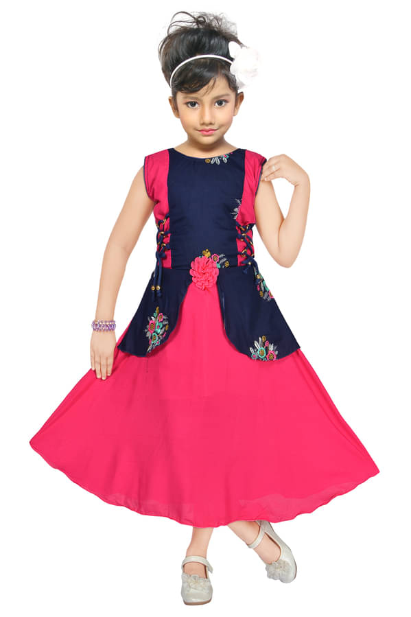 M. MONGELA DRESSES - Pink & Blue Cotton Blend Girls Fit And Flare Dress ( Pack of 1 )     			M. MONGELA DRESSES - Pink & Blue Cotton Blend Girls Fit And Flare Dress ( Pack of 1 )