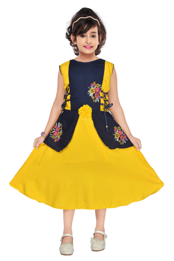    			M. MONGELA DRESSES Cotton Blend Frock For Girls ( Pack of 1 , Yellow & Blue )
