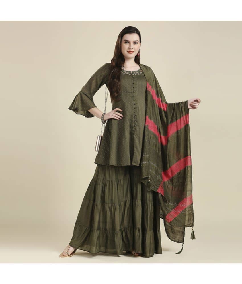 Madhuram Textiles - Olive Front Slit Chanderi Women's Stitched Salwar Suit ( Pack of 1 )