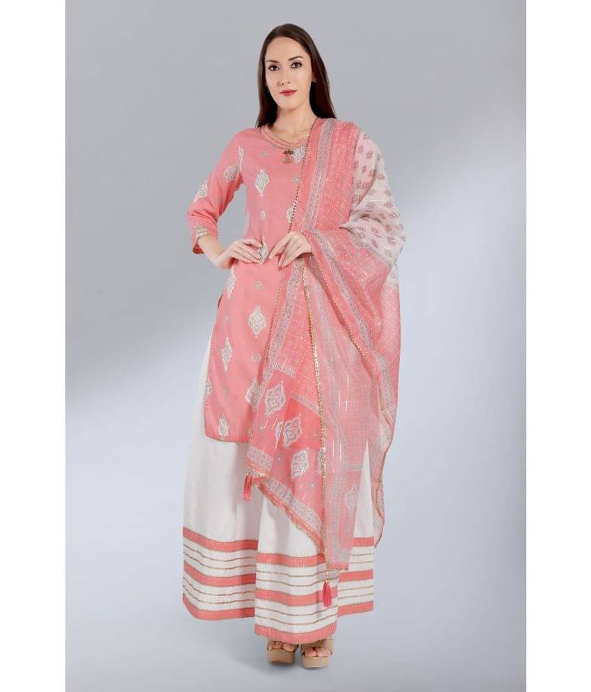     			Madhuram Textiles Women Cotton Blend Printed Straight Kurti With Skirt ( Pink )