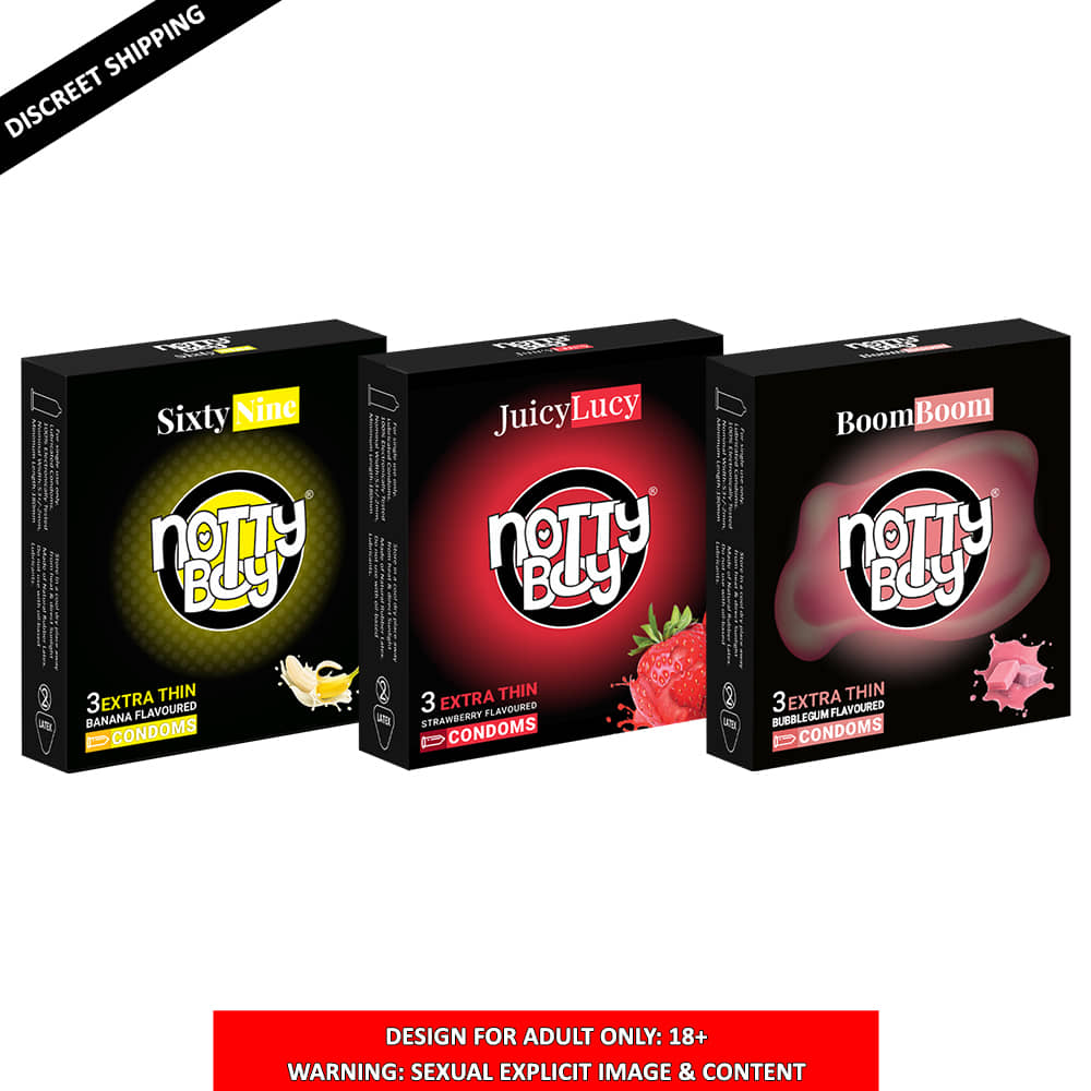 NottyBoy Multi Flavoured Banana, Strawberry, Bubblegum Condoms - (Set of 3, 9 Sheets)