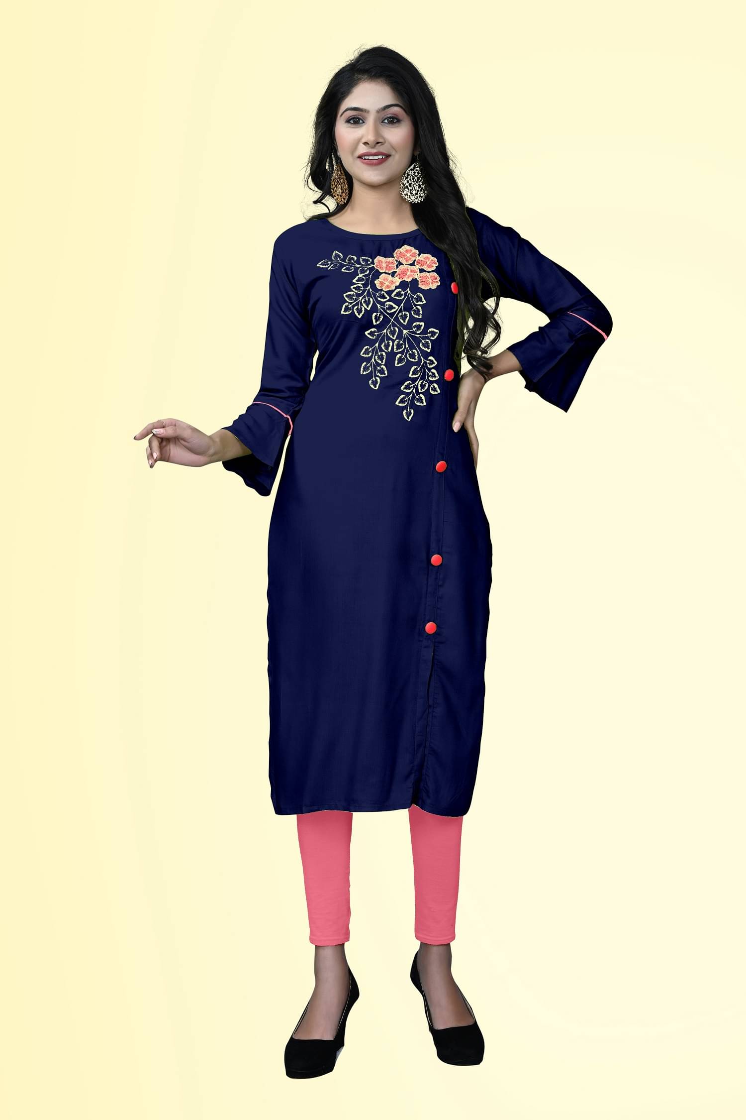     			HAYA - Navy Rayon Women's Front Slit Kurti ( Pack of 1 )