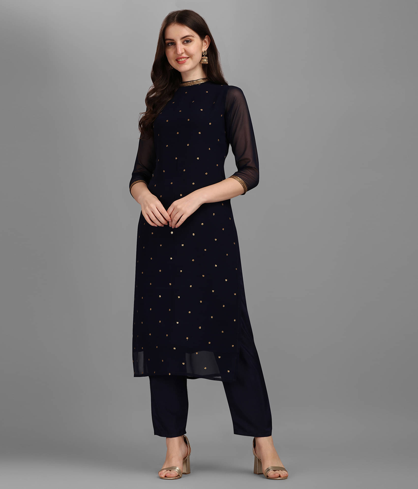 Hritika - Navy Straight Georgette Women's Stitched Salwar Suit ( Pack of 1 )     			Hritika - Navy Straight Georgette Women's Stitched Salwar Suit ( Pack of 1 )
