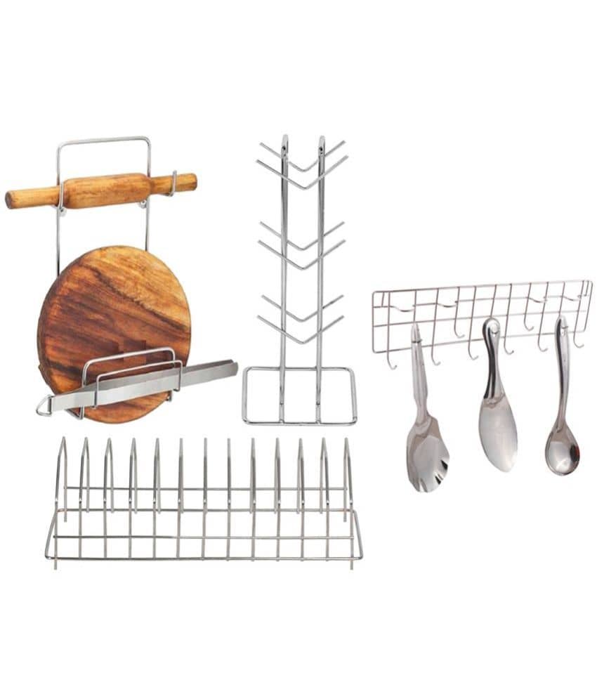 JISUN - Silver Stainless Steel Dish Racks ( Pack of 4 )